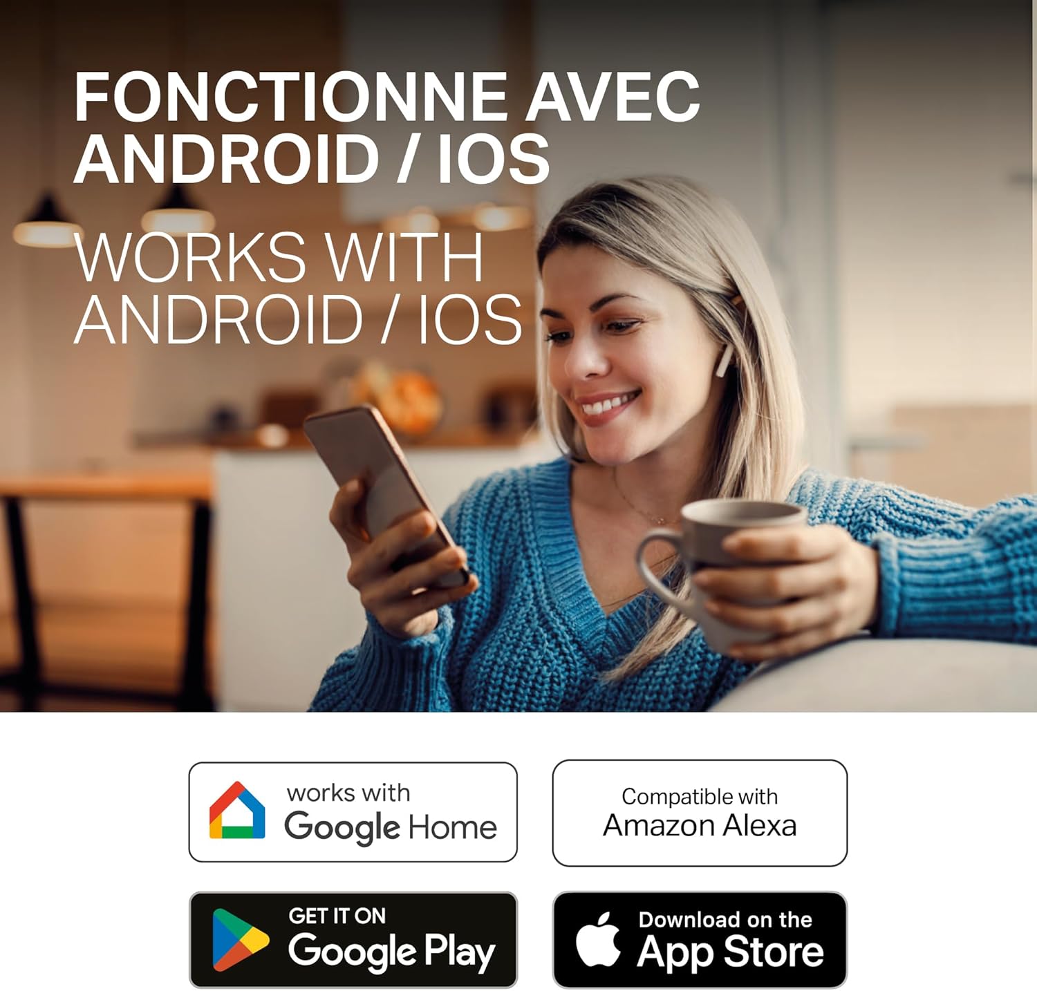 Person holding a smartphone with text 'WORKS WITH ANDROID / IOS'