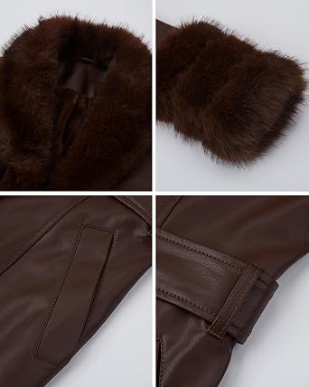 Women Faux Leather Fur Lined Jacket Belted Parka Overcoat | plush fox faux fur trim,glossy faux leather shell,adjustable tie waist belt,fluffy fur collar & cuffs,retro vintage overcoat