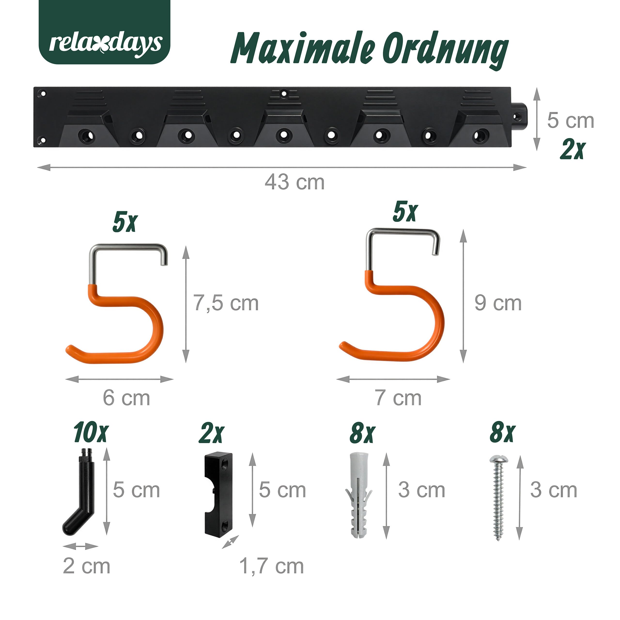 Relaxdays Gartengerätehalter Wand, 10 Haken, Geräte Wandhalterung, HBT: 5x43x2 cm, 2X Geräteleisten, schwarz/orange