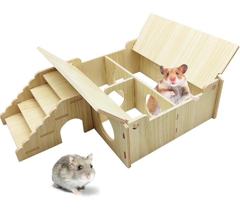 Casa-Túnel de Madeira com 3 Câmaras para Hamster Anão Hamiledyi S684 com Plataforma e Escada