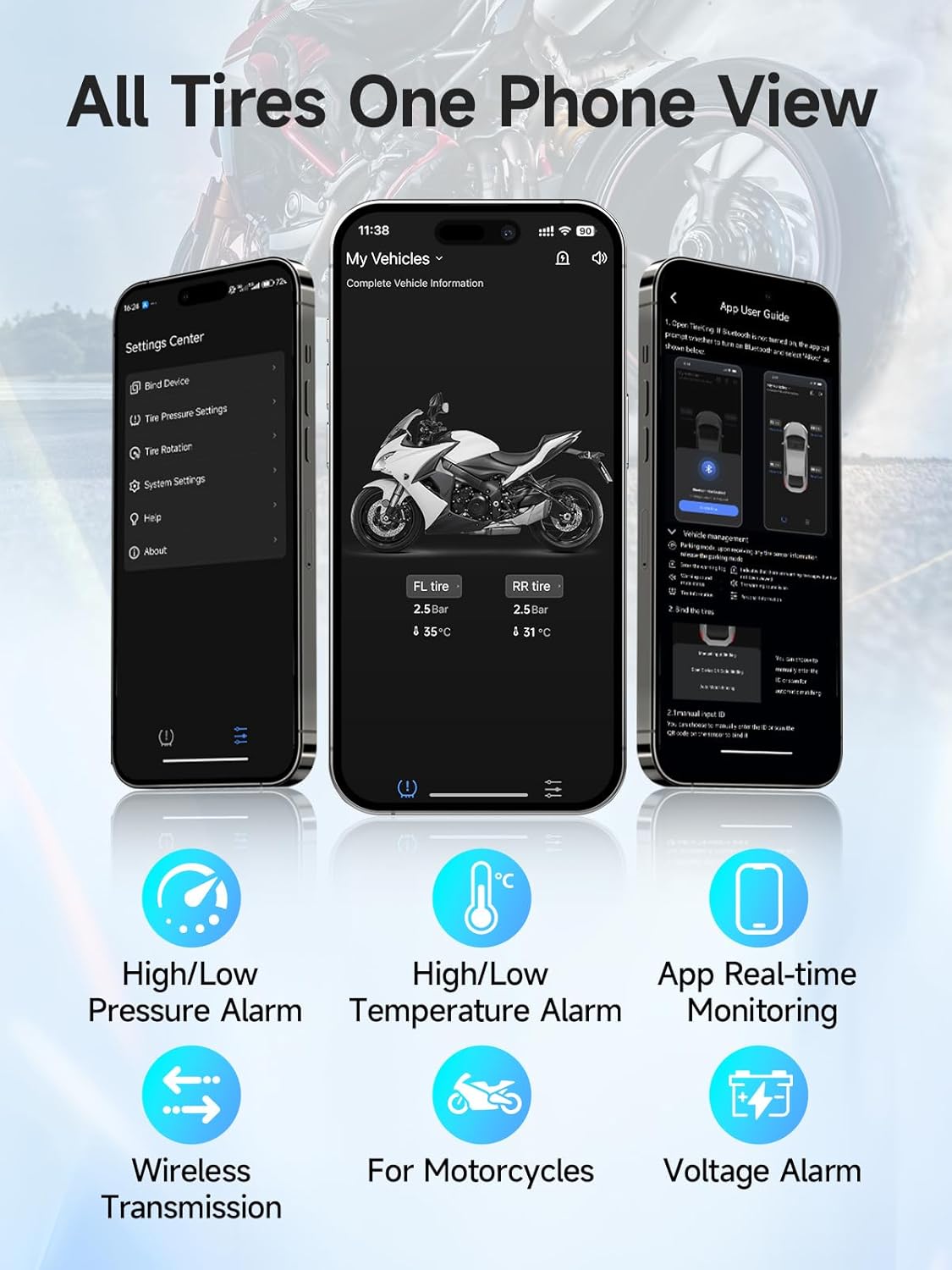 Moman Motorcycle Tire Pressure Monitoring System, Upgraded Version Motorbike TPMS Sensors Set of 3, Tire Pressure and Temperature Alarm, Wireless Tire Pressure Sensor, Support iOS & Android