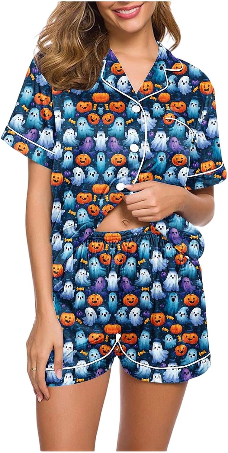 Halloween Pajamas Women 2 Piece Funny Print Short Sleeve Top and Shorts Pjs