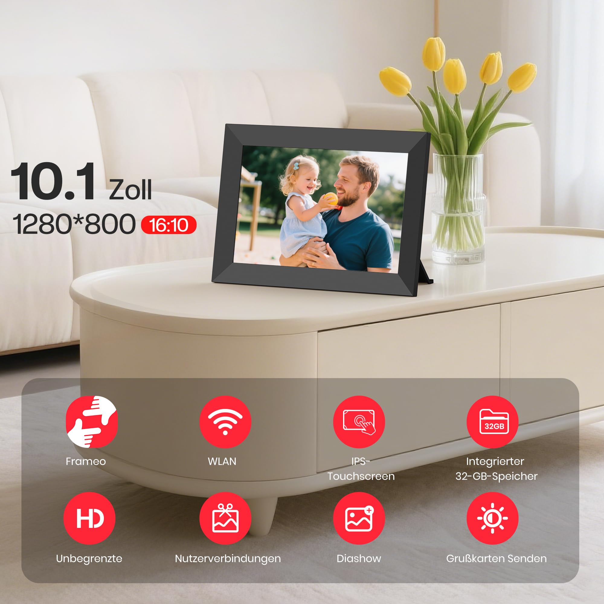 Frameo 10,1-Zoll-WLAN-Digitaler Bilderrahmen mit 32 GB Speicher, 1280 x 800 IPS-Touchscreen, Intelligenter Elektronischer Bilderrahmen, Wandmontierbar, Automatische Drehung, Fotos/Videos Über Frameo-A