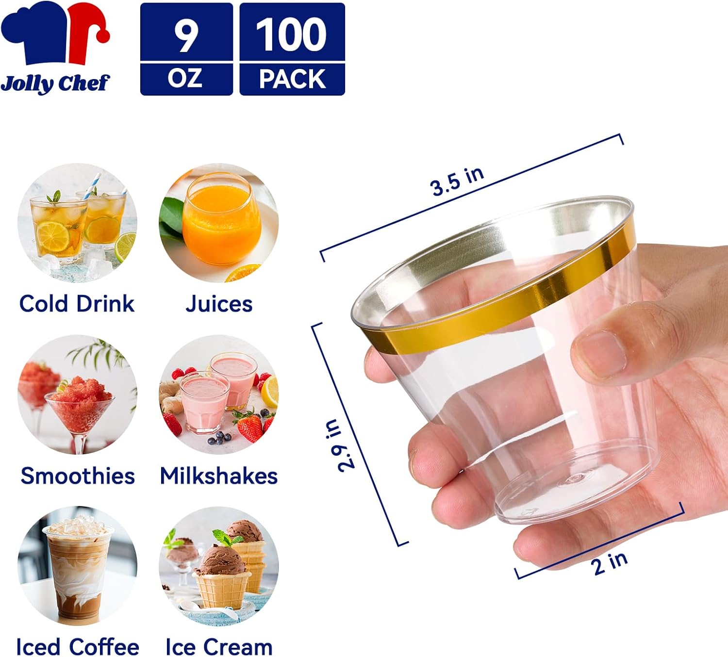 JOLLY CHEF 100 Pack Gold Plastic Cups, 9 oz Clear Plastic Tumblers, Elegant Gold Rimmed Cups, Disposable Glasses for Wedding, Thanksgiving Day, Christmas Party - Image 2