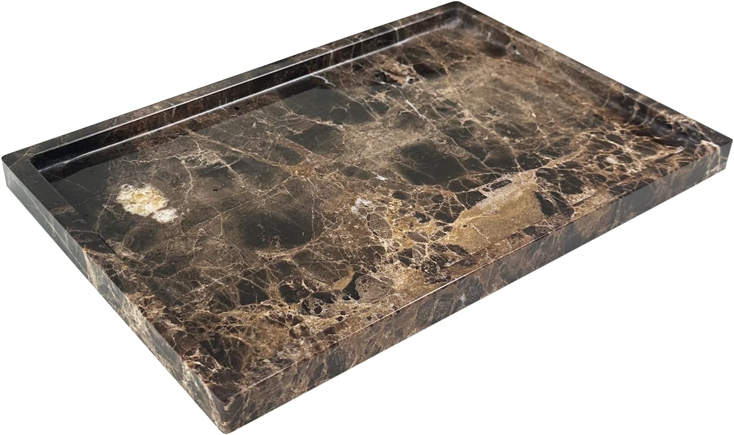 Natural Marble Tray for Bathroom Countertop, Dark Brown Marble Stone Tray for Kitchen Counter (Coffee Net, 12" x 8")