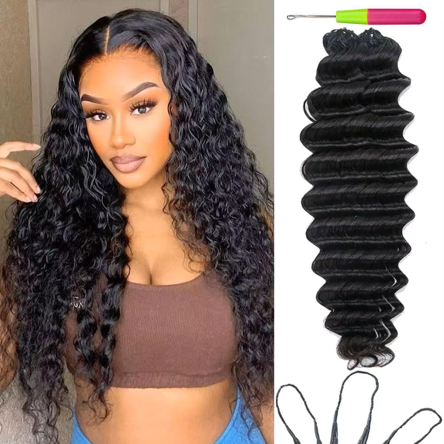 Deep Wave Human Crochet Hair Feather Crochet Human Hair for Black Women Miracle Knots Crochet Hair Knotless Invisible Pre Separated Deep Wave Hair Extensions Natural Black (#1B-50g, 14 Inch)