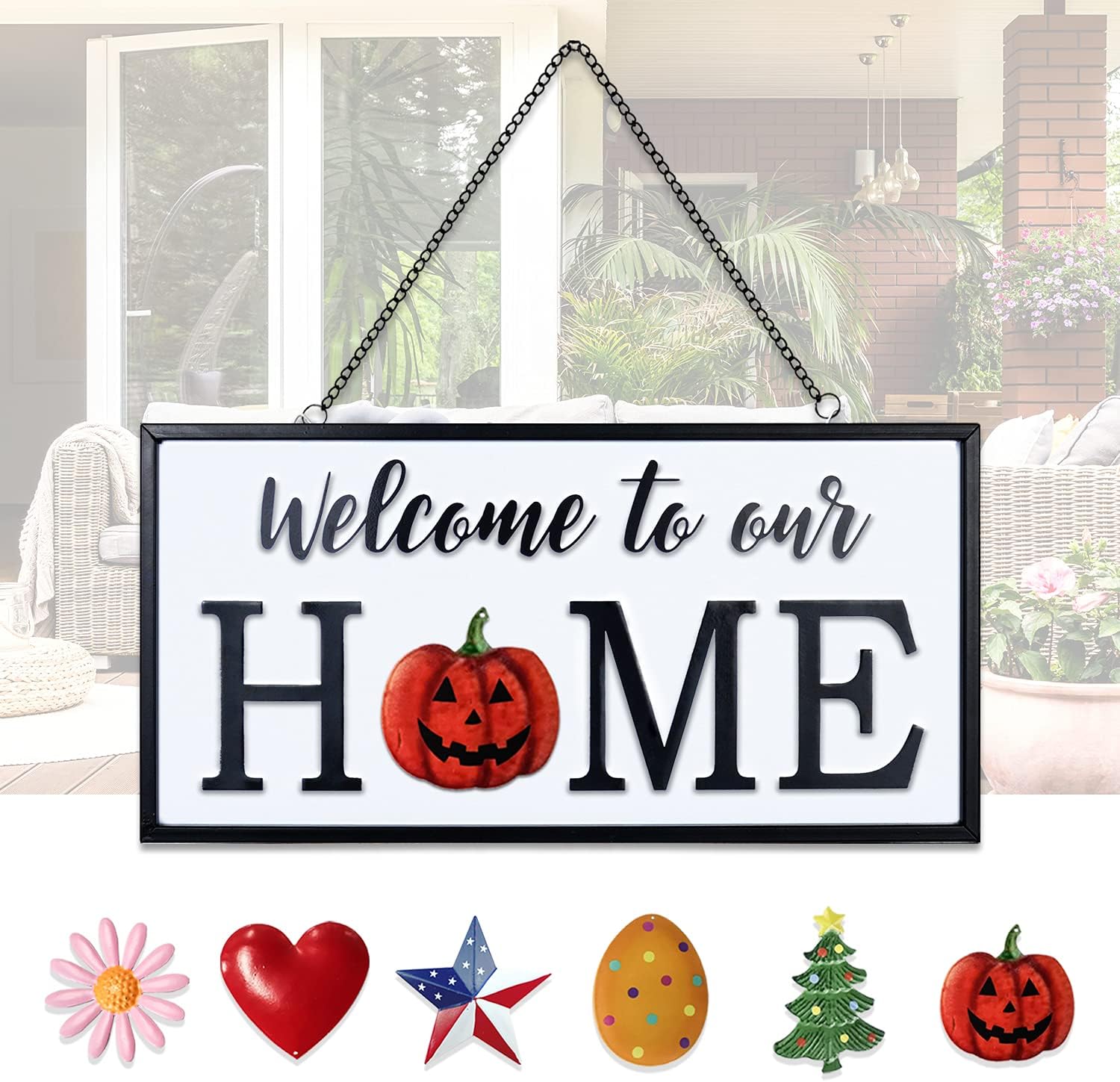 Winder Interchangeable Welcome Sign for Front Door Metal Wall Decor Hello sigh to Our Home Sign with 6 PCS Seasonal Magnetic Holiday Inserts Wall Hanging Indoor Rustic Home Decor Outdoor Decorations for Porch