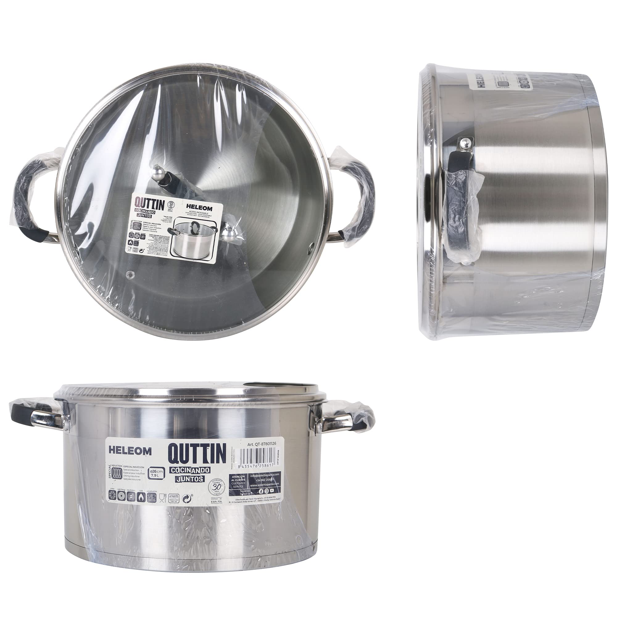 Quttin - Olla Profesional Induccion, Cocina Horno Acero Inoxidable Antiadherente. Olla Mediana Con Tapa. Apta Para Todo Tipo de Cocinas. Inducción, Gas, Vitro. Cacerola 26 cm. Modelo Heleom