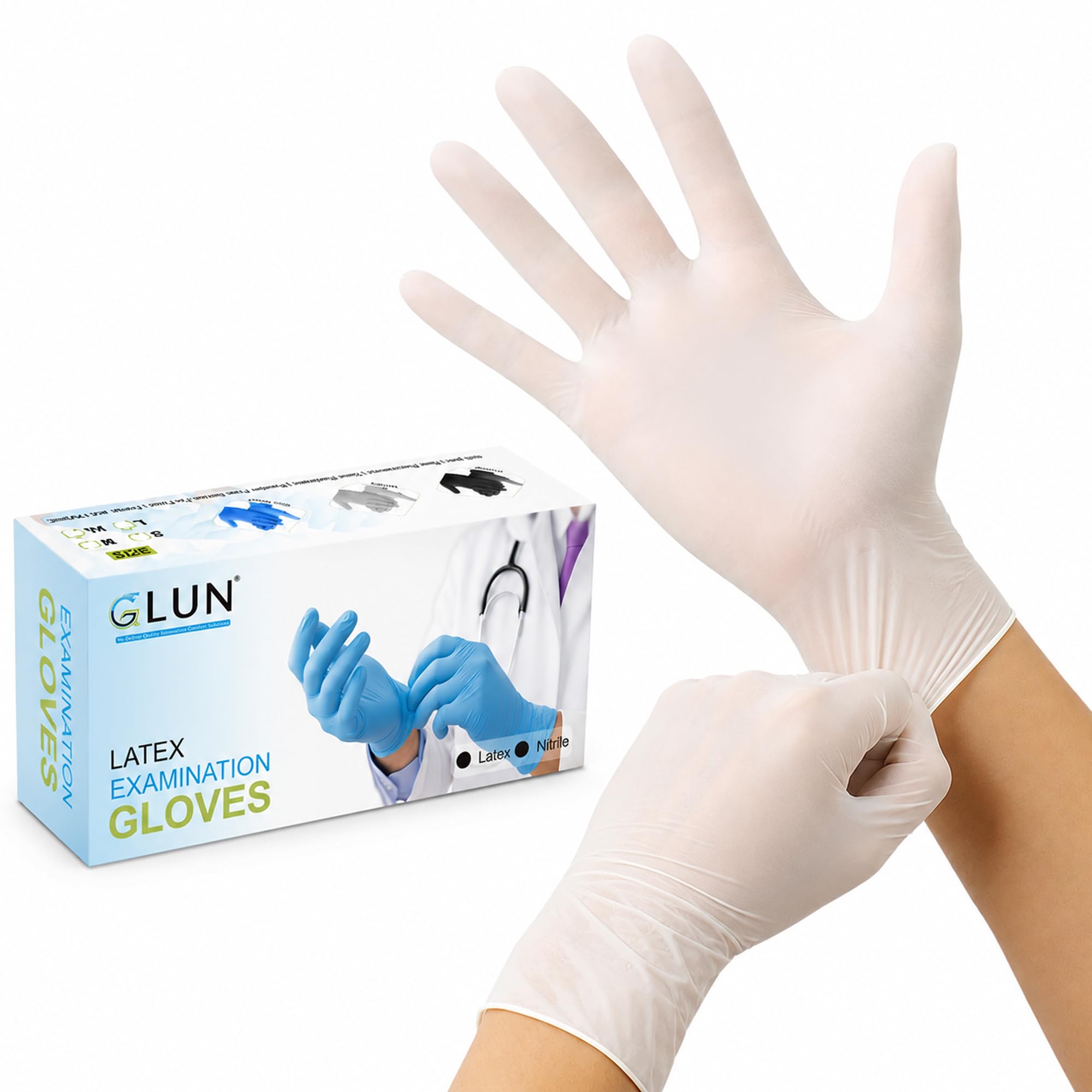 GLUN® Examination White Hand Gloves Latex Material, 100 Pieces Pack, Medium Size, Disposable, Powdered Surgical Gloves, Used in Hospitality, Hospitals-image-0