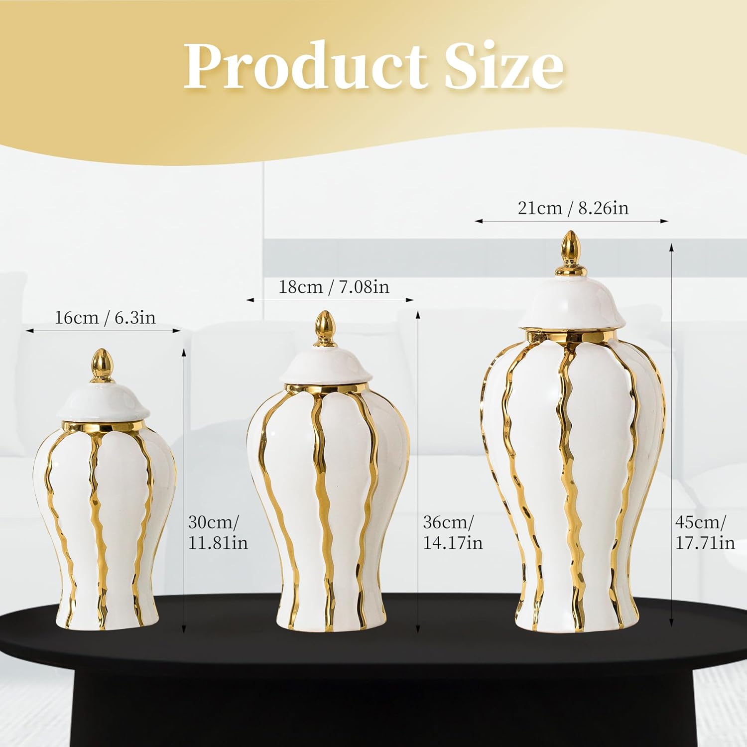 Ginger Jar, White and Gold Ginger Jar with Lid Ceramic Flower Vase for Home Decor, Storage jar, Table Center Vase Temple Jar, Decorative Centerpiece for Home, Living Room(12in