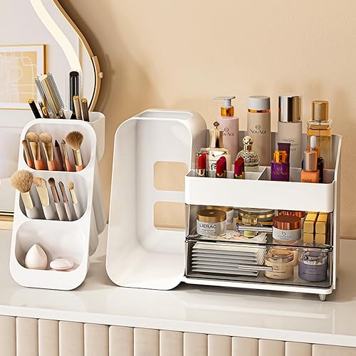 Miniatura 6 de Organizador de maquillaje con cajones, organizador de sobremesa de gran capacidad para tocador, organizador de cosméticos de escritorio para baño