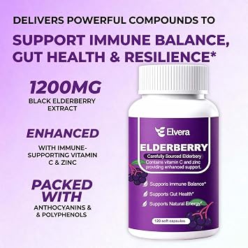 Elvera Elderberry Gut Support with Vitamin C & Zinc, 120 Capsules