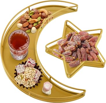 2PCS Ramadan Serving Trays Decorations for Home - Moon Star Shaped Eid Mubarak Table Decor Gifts, Islam Muslim Al-Fitr Iftar Party Crescent Iron Platters Dishes Hollowed-Out