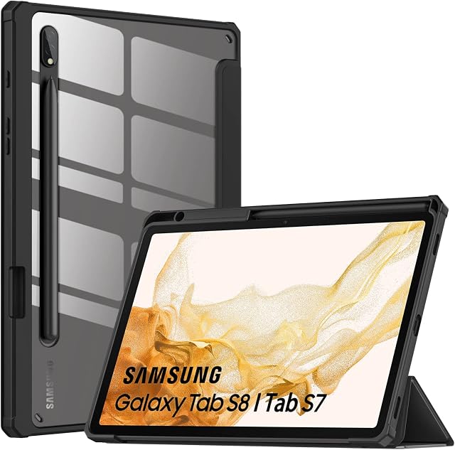 MoKo Case for Samsung Galaxy Tab S8 11" 2022 (SM-X700/SM-X706)/Tab S7 11" 2020 Case With S-Pen Holder, Tablet Trifold Cover Case Transparent PC Back Shell with Back Pen Slot/Auto-Wake, Black