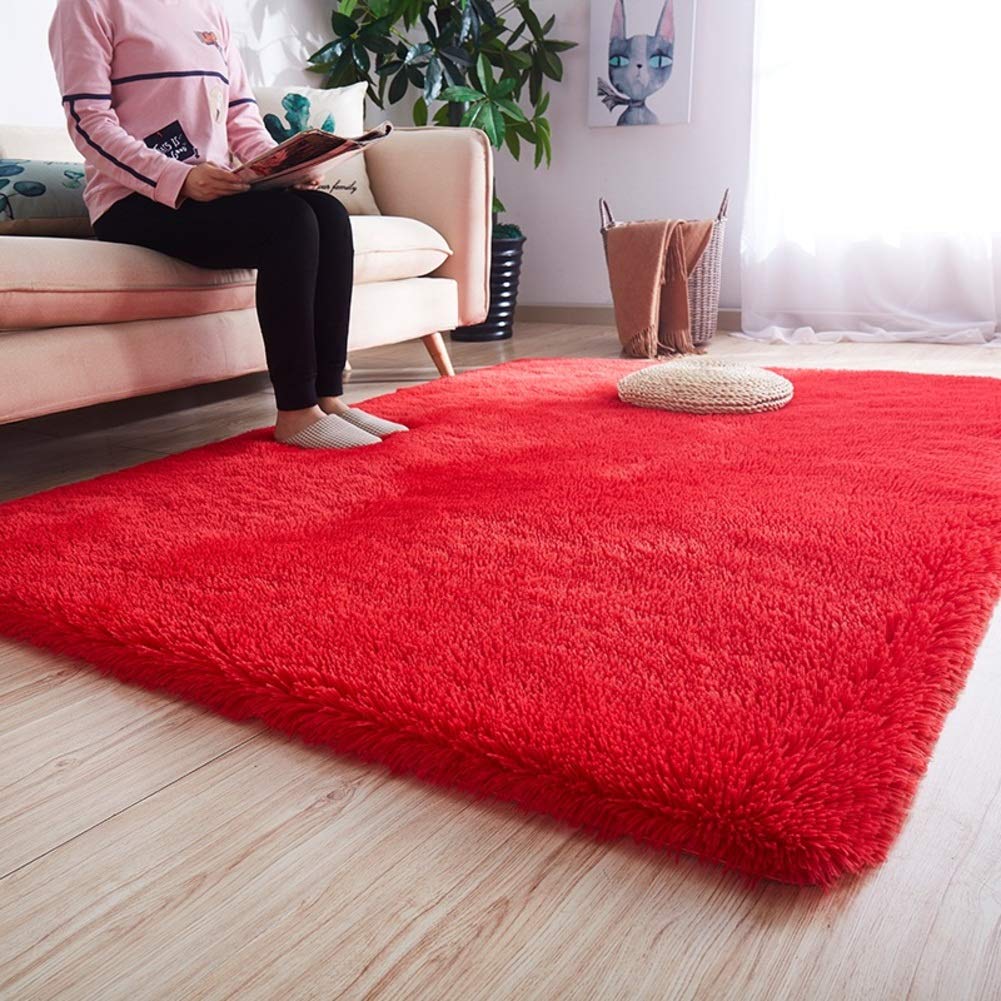Tapis à poils longs tapis de salon shaggy et moelleux rouge