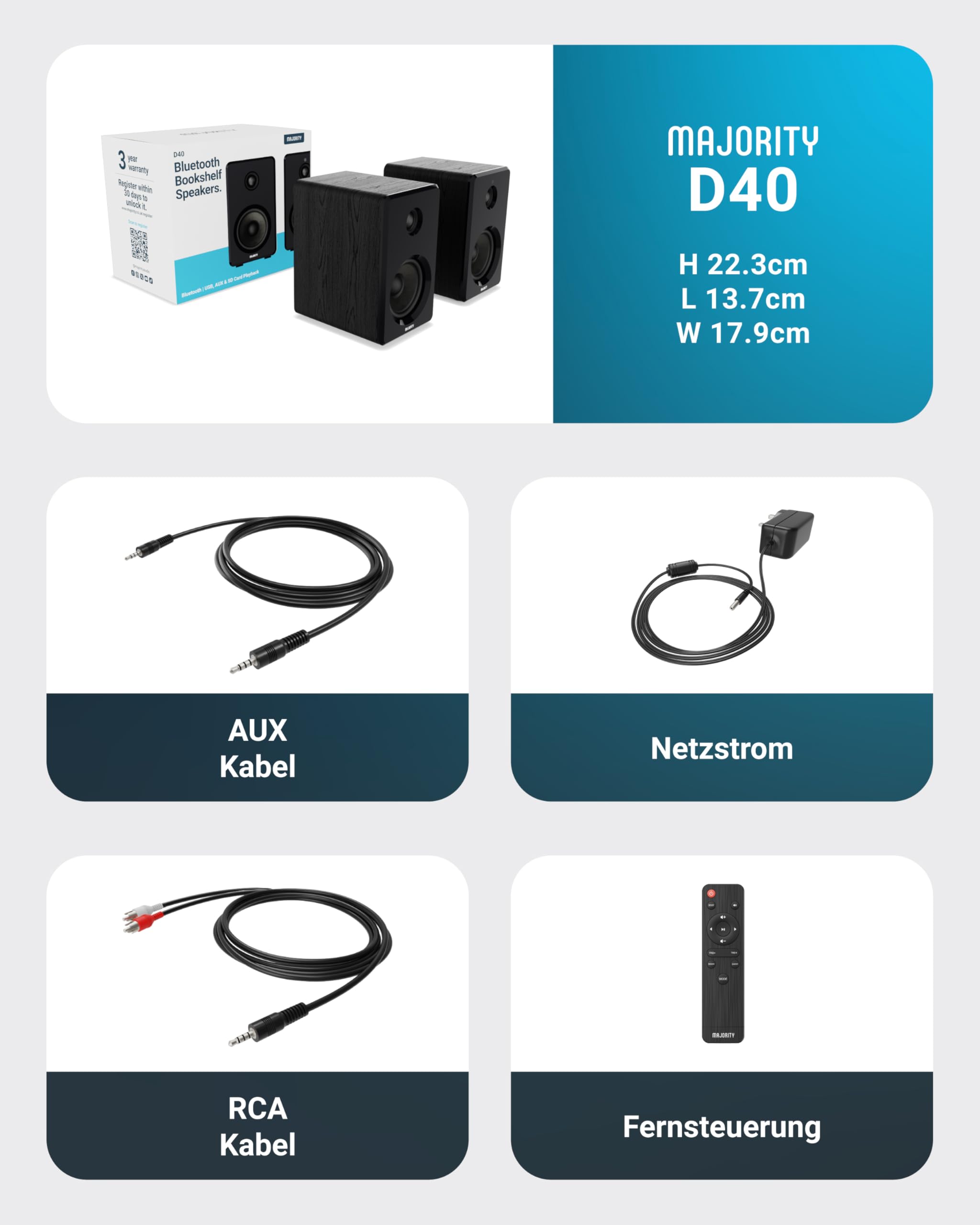 MAJORITY D40 Bluetooth Lautsprecher Boxen | 60W 2.0 Aktivlautsprecher | Studio Monitor mit 4"-Treiber | Regallautsprecher für HiFi Stereo mit Optischer, USB- und AUX-Eingang | Fernbedienung