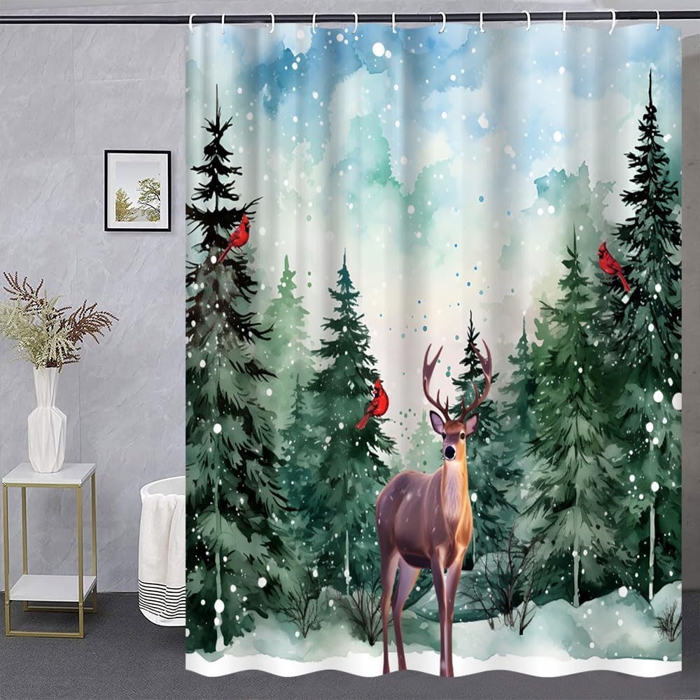 Winter Forest Deer Shower Curtain Merry Christmas Watercolor Farmhouse Elk Moose Rustic Cabin Hunnting Red Bird Happy New Year Bathroom Decor Fabric Curtains with Hook 80Wx70H Inches