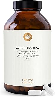SUNDAY NATURAL® Magnesiumcitrat Kapseln - 365 Kapseln – Pro Tagesdosis 360 mg reines Magnesium ohne Zusatzstoffe - Premium Magnesium Citrate – Laborgeprüft, vegan, ohne weitere Zusätze