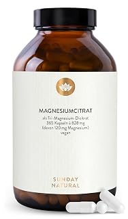 SUNDAY NATURAL® Magnesiumcitrat Kapseln hochdosiert - 365 Kapseln – Pro Tagesdosis 360 mg reines Magnesium ohne Zusatzstoffe - Premium Magnesium Citrate – Laborgeprüft, vegan, ohne unnötige Zusätze - Amazon product rated Grade A