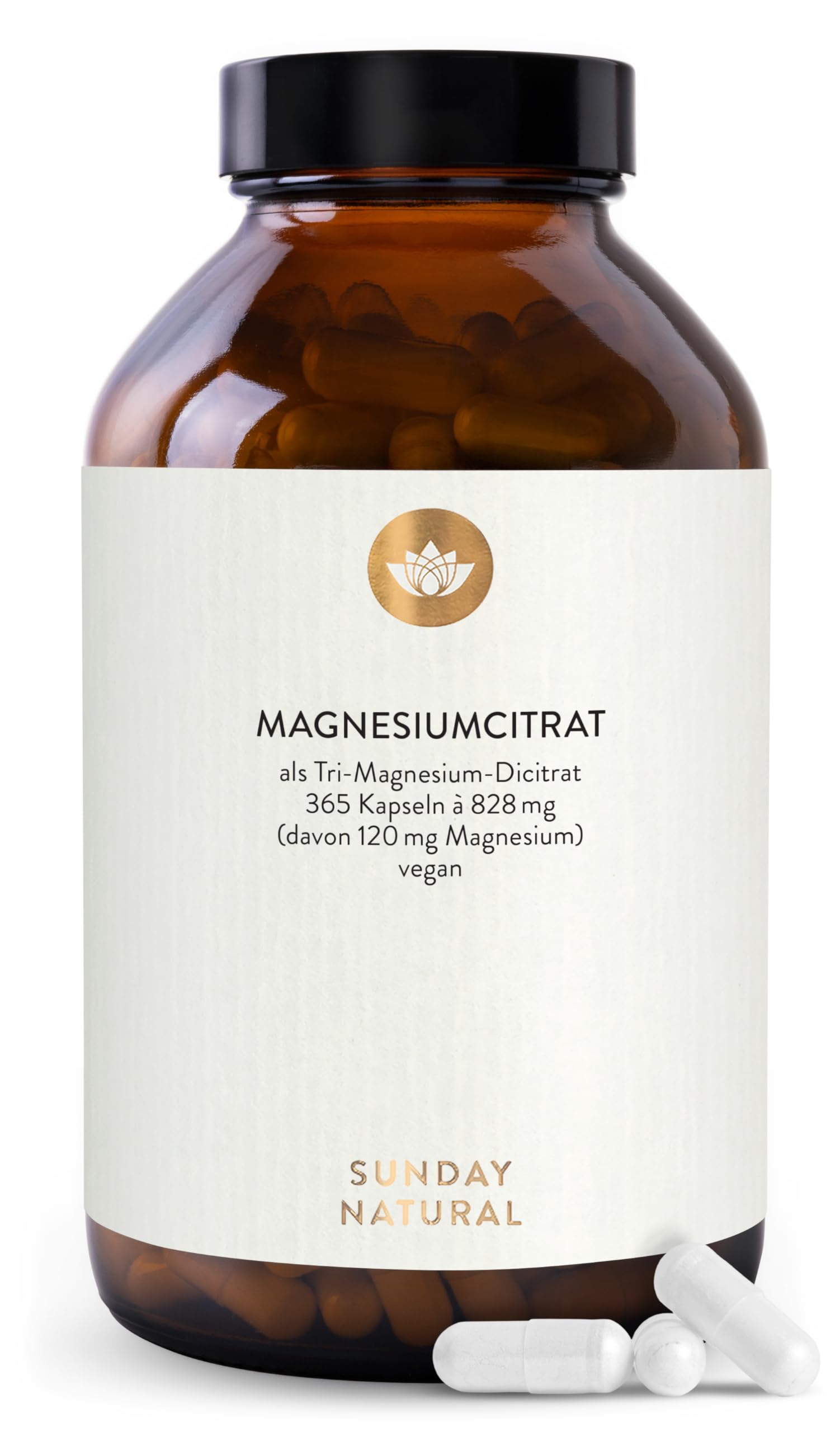 SUNDAY NATURAL® Magnesiumcitrat Kapseln - 365 Kapseln – Pro Tagesdosis 360 mg reines Magnesium ohne Zusatzstoffe - Premium Magnesium Citrate – Laborgeprüft, vegan, ohne weitere Zusätze