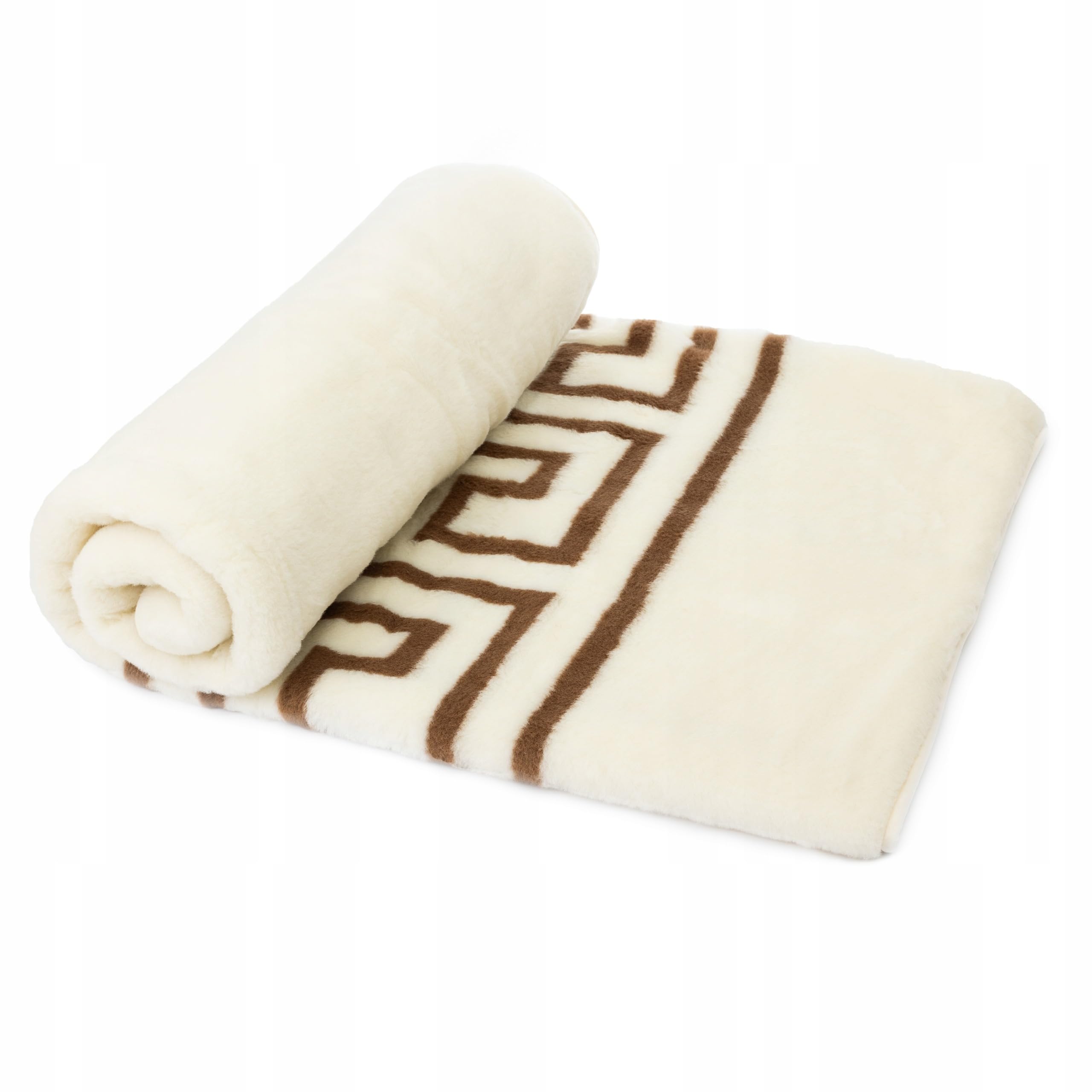 Wool & Home Merino Wolldecke 220x200 cm – Kuscheldecke aus 100% Merinowolle, Cremefarbene Decke mit Brauner Griechischer Mäander-Bordüre – Gewicht 500 g/m² – Atmungsaktiv und Langlebig