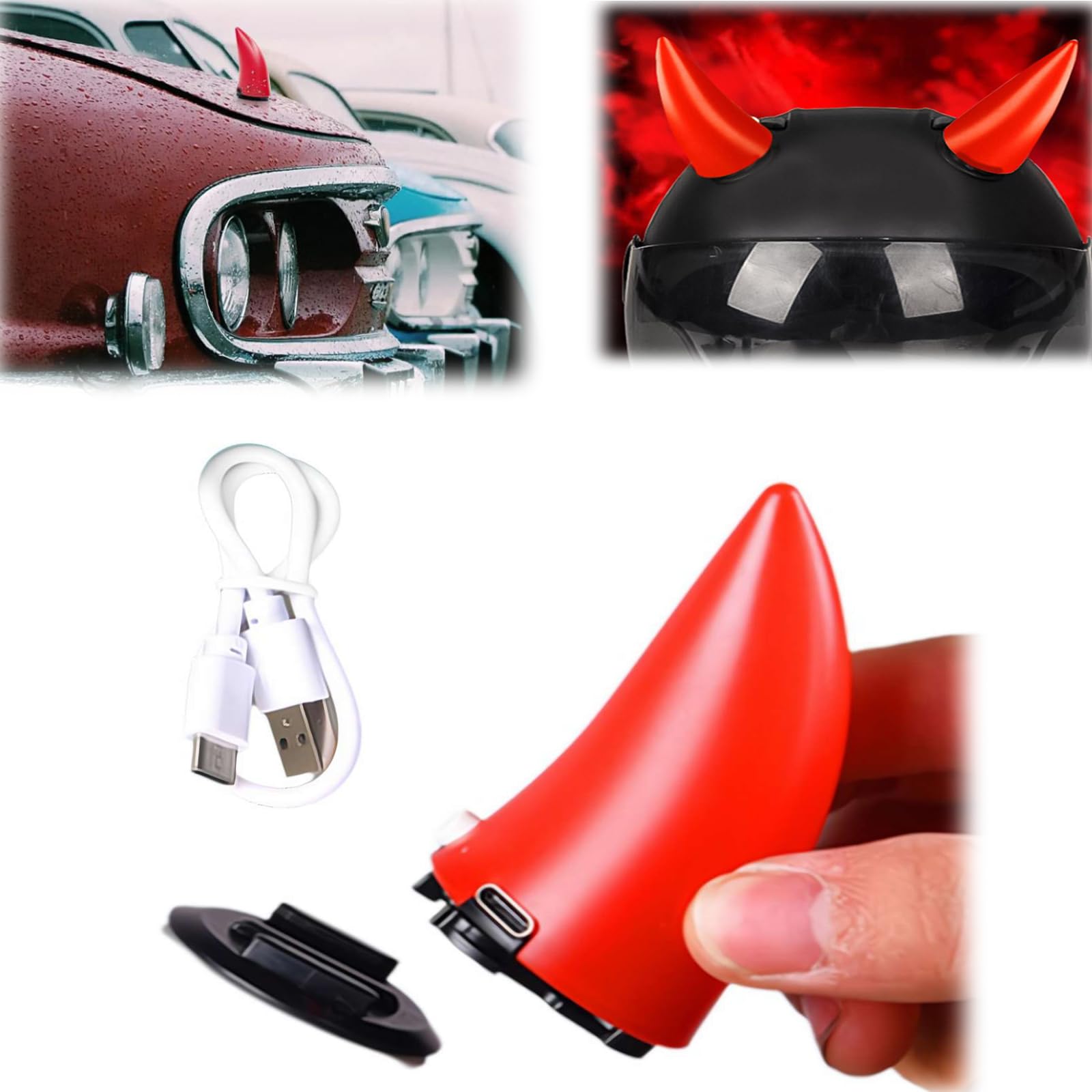 Motorcycle Helmet Horn with Led Light, Stick On Motorcycle Helmet Horns, Motorcycle Helmet Horns, Helmets Accessory Glow in The Dark (Red + charging cable)
