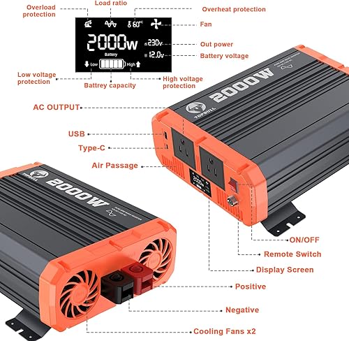 Miniatura 7 de TOPBULL Inversor de corriente de onda sinusoidal pura de 2000 vatios, convertidor de 12 V CC a 110 V CA para vehículohogarRVcamión, inversor de