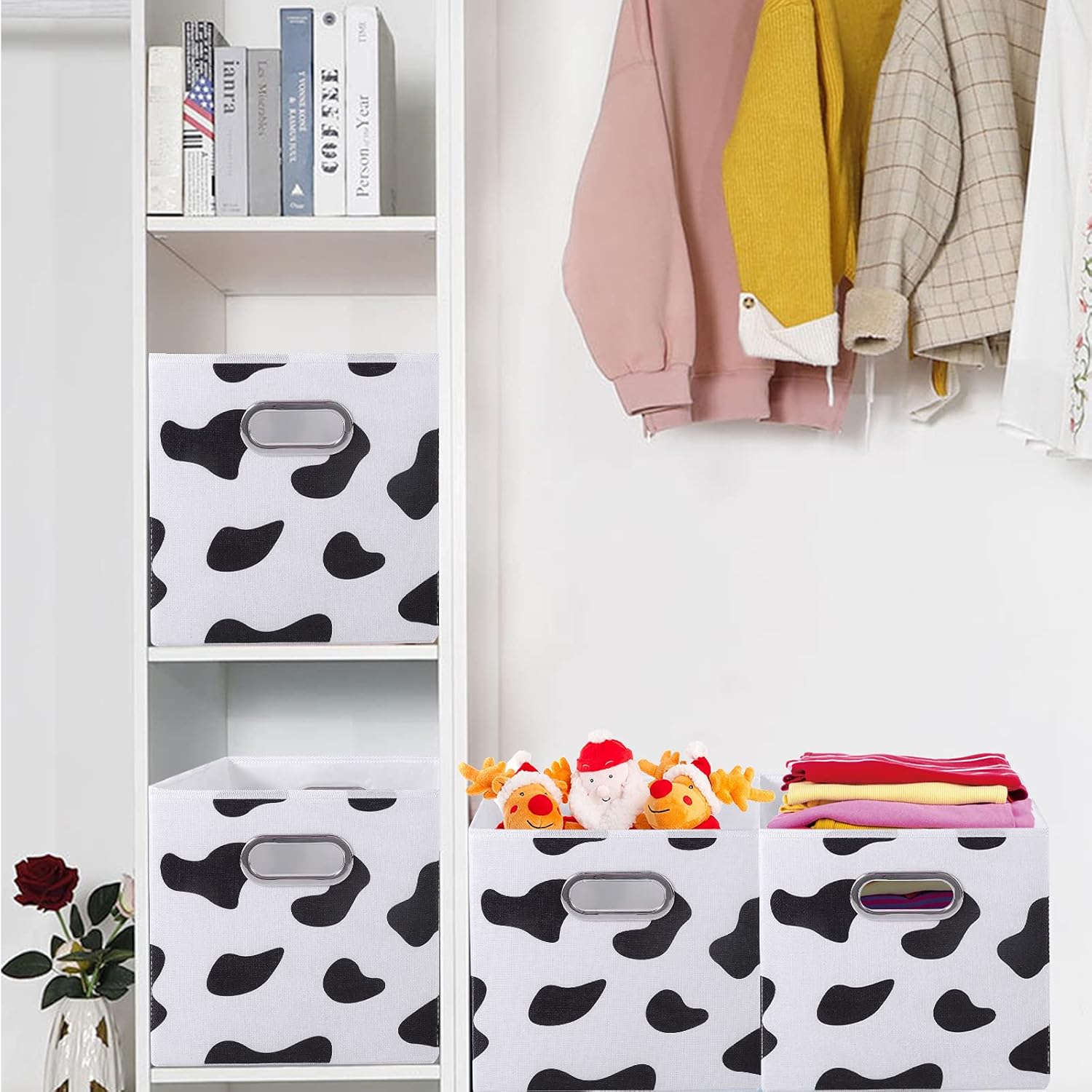 ANMINY 4PCS Cow Print Storage Cubes, 11 Inch Cute Storage Box Baskets with Handles Washable Foldable Cotton Linen Fabric Small Storage Bins for Desktop Closet Shelf Organizer Container Home Office