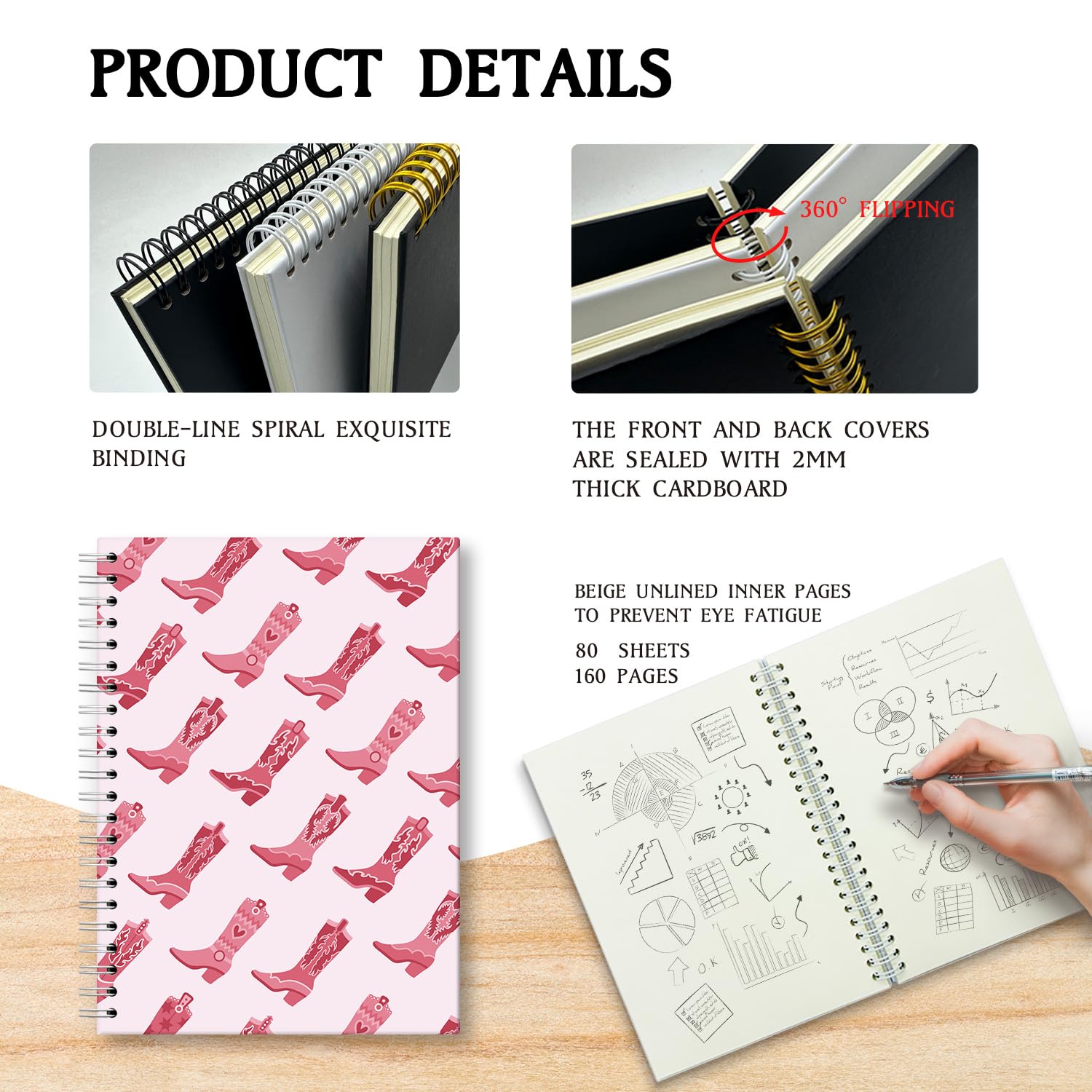 Pinkes adrettes Notizbuch im Cowgirl-Stil, trendiges Spiralnotizbuch, Boho-Western-Notizbuch, adrettes Spiralnotizbuch, Spiralnotizbücher für Teenager, Mädchen, Frauen, Schule, Studenten, Lehrer
