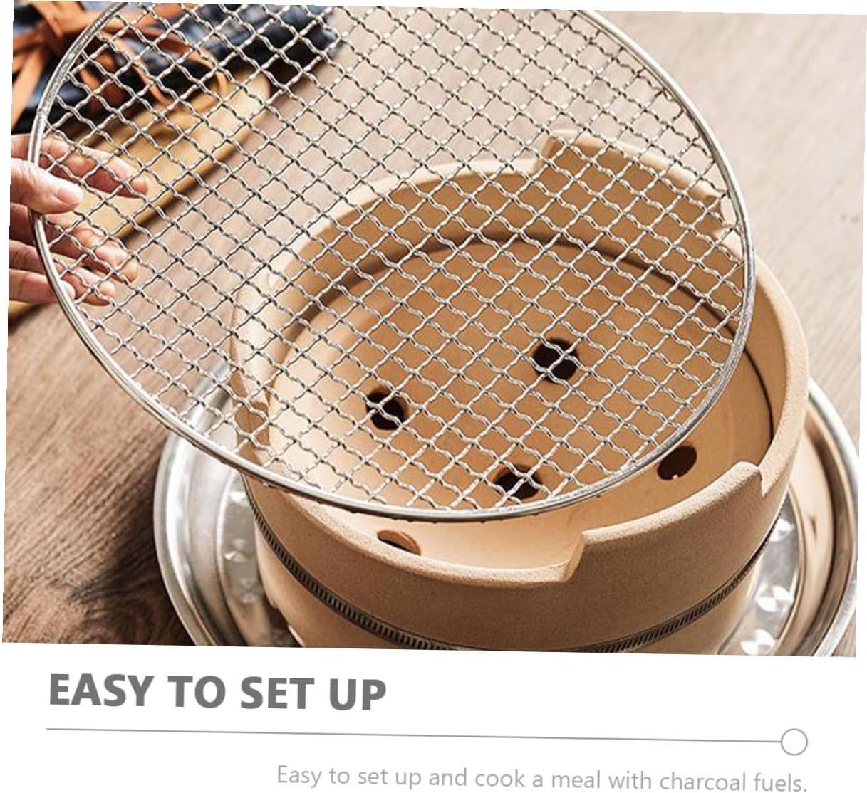 Kisangel Medium Charcoal Barbecue Stove with Stainless Steel Grill Net Set, Portable Clay Pot Base for Indoor Heating and Outdoor Camping Bbq Supplies