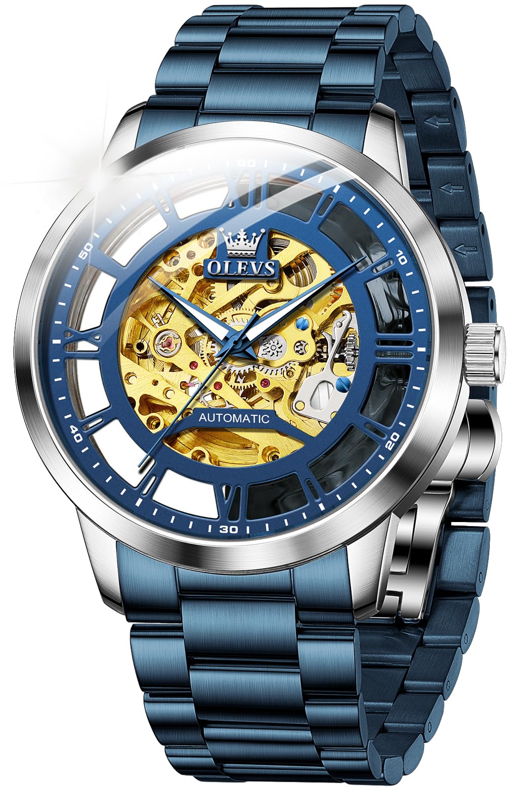 OLEVS Mens Automatic Watch Skeleton Diamond Luxury Mechanical Self Winding Dress Wrist Watch Waterproof Luminous