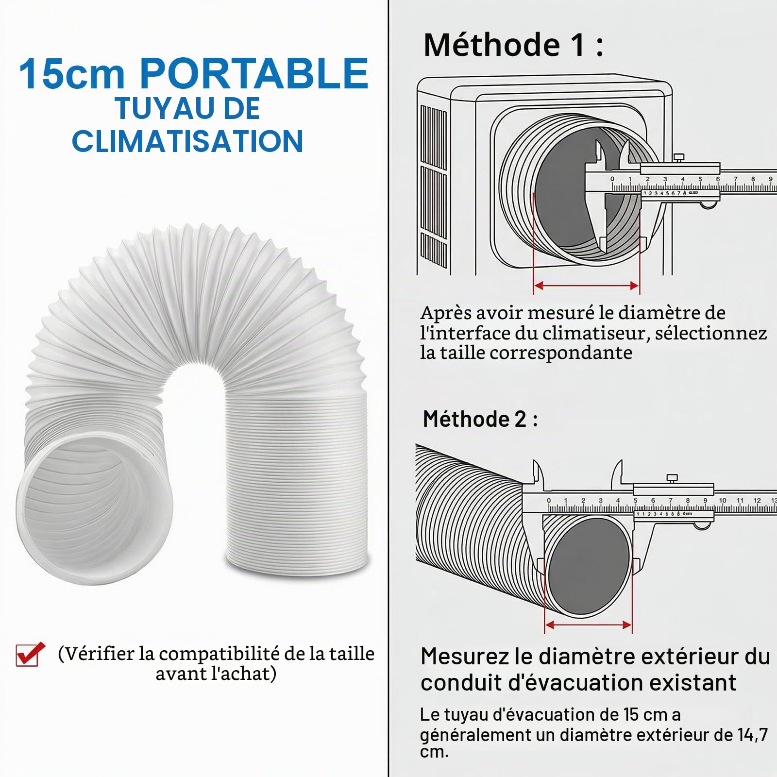 Tuyau de Climatiseur Mobile 150 mm, 2 m Tuyau Evacuation Extensible, Conduit Flexible avec Renfort Métallique, Remplacement Rallonge Tube pour Mini Climatiseur Mobile, Filetage à Gauche