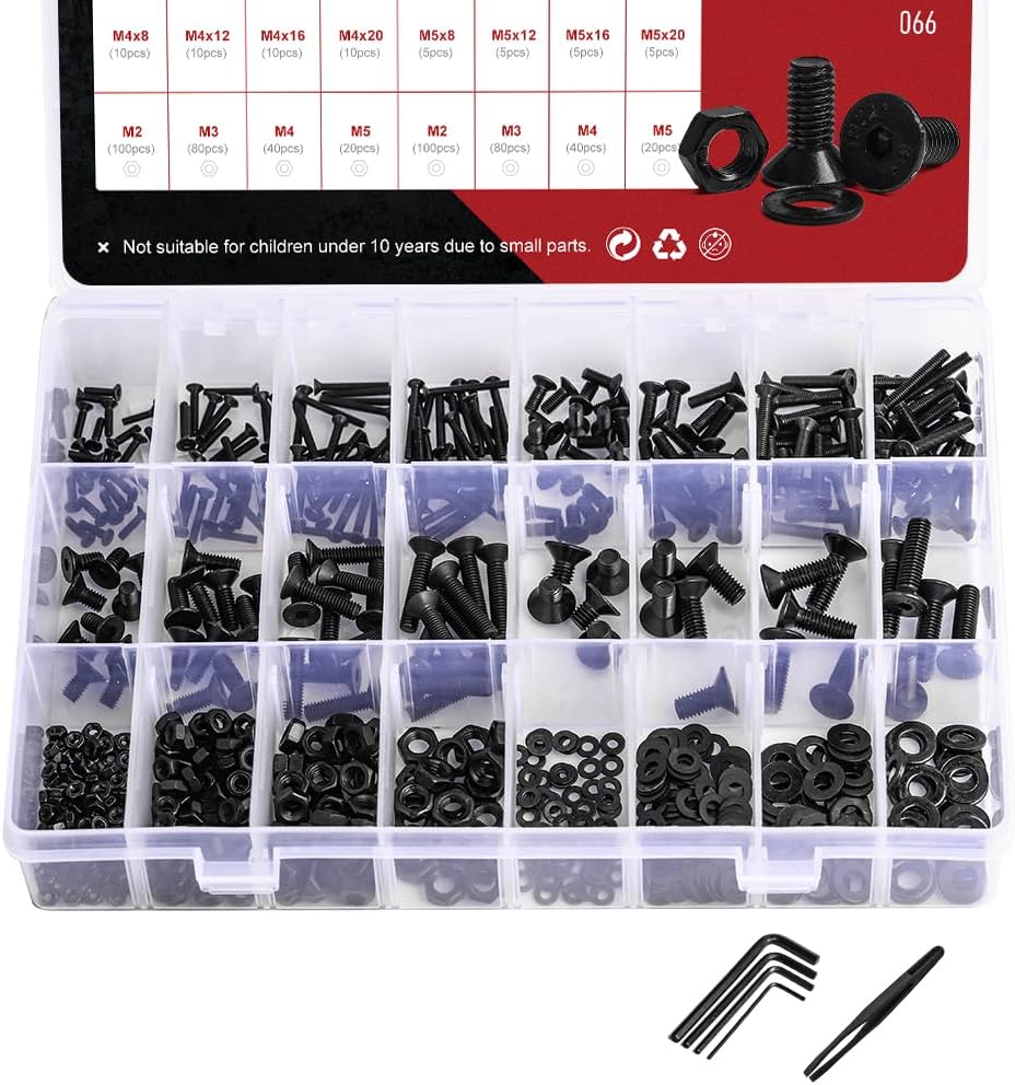 SJ 720 PCS Socket Screws Assortment Set M2 M3 M4 M5 Allen Round Flat Bolts Hex Nut Black 10.9/12.9 Carbon Steel Washers Tool Kit - (Color: Flat Head 10.9)