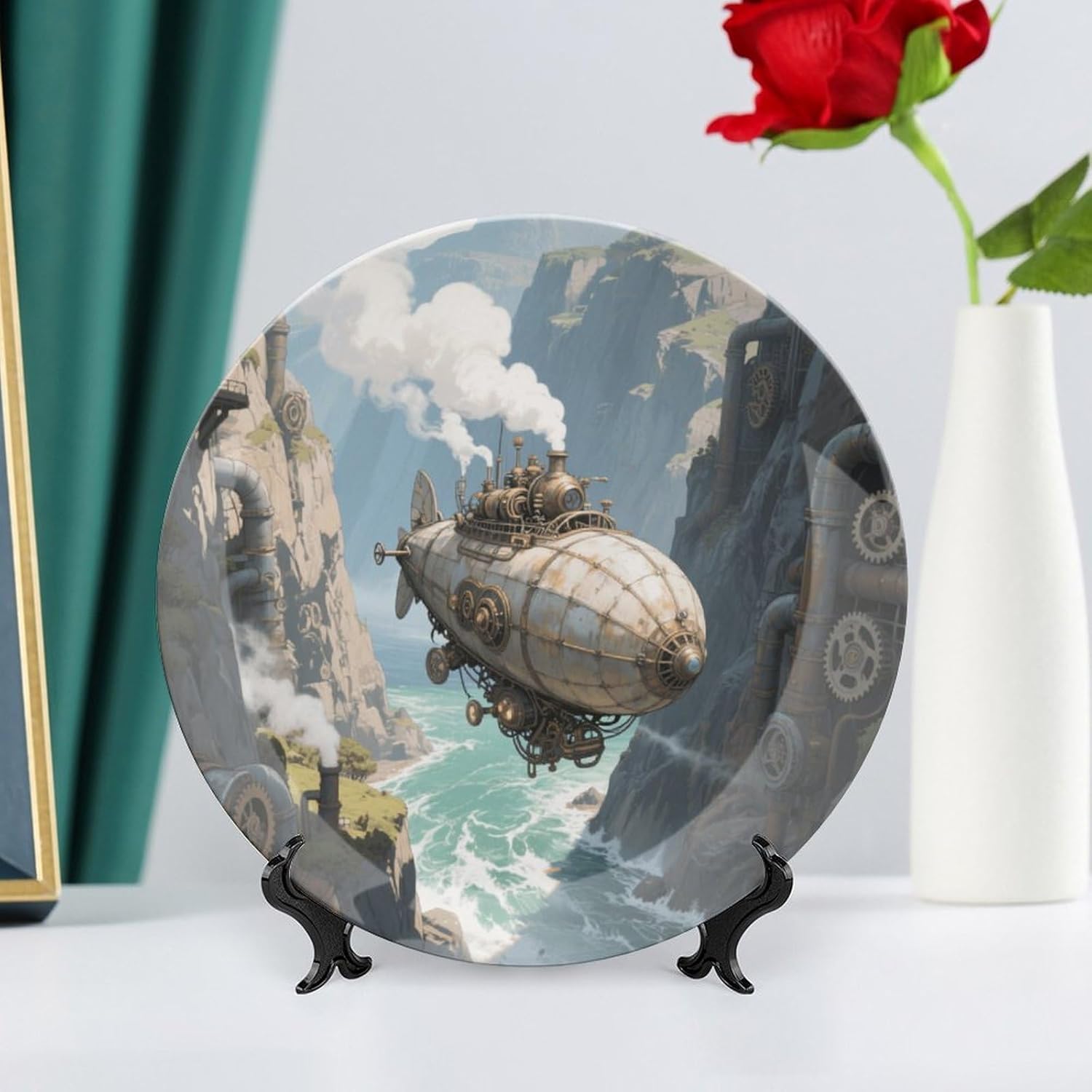 Bone China Decorative Plates Steam Airship Canyon Ceramic Decorative Plate Wall Decor with Display Stand Ceramic Ornaments for Wall Hanging Decoration