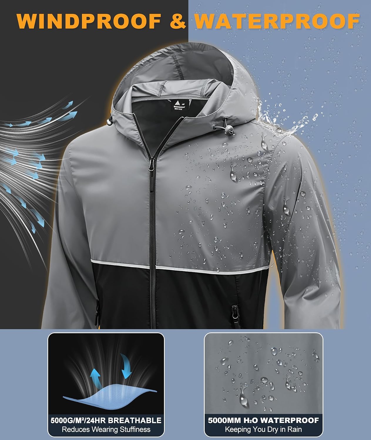 ZITY Men's Rain Jacket Waterproof Lightweight Packable Raincoat image 2