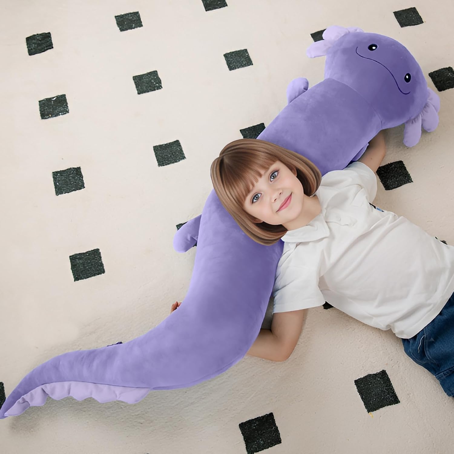 Tianmihou 48 Inch Giant Axolotl Stuffed Animal, Cute Plush Toy Purple Axolotl Body Pillow for Kids, Soft Salamander Glow in The Dark Plushie Gifts for Girls, Boys, Birthday