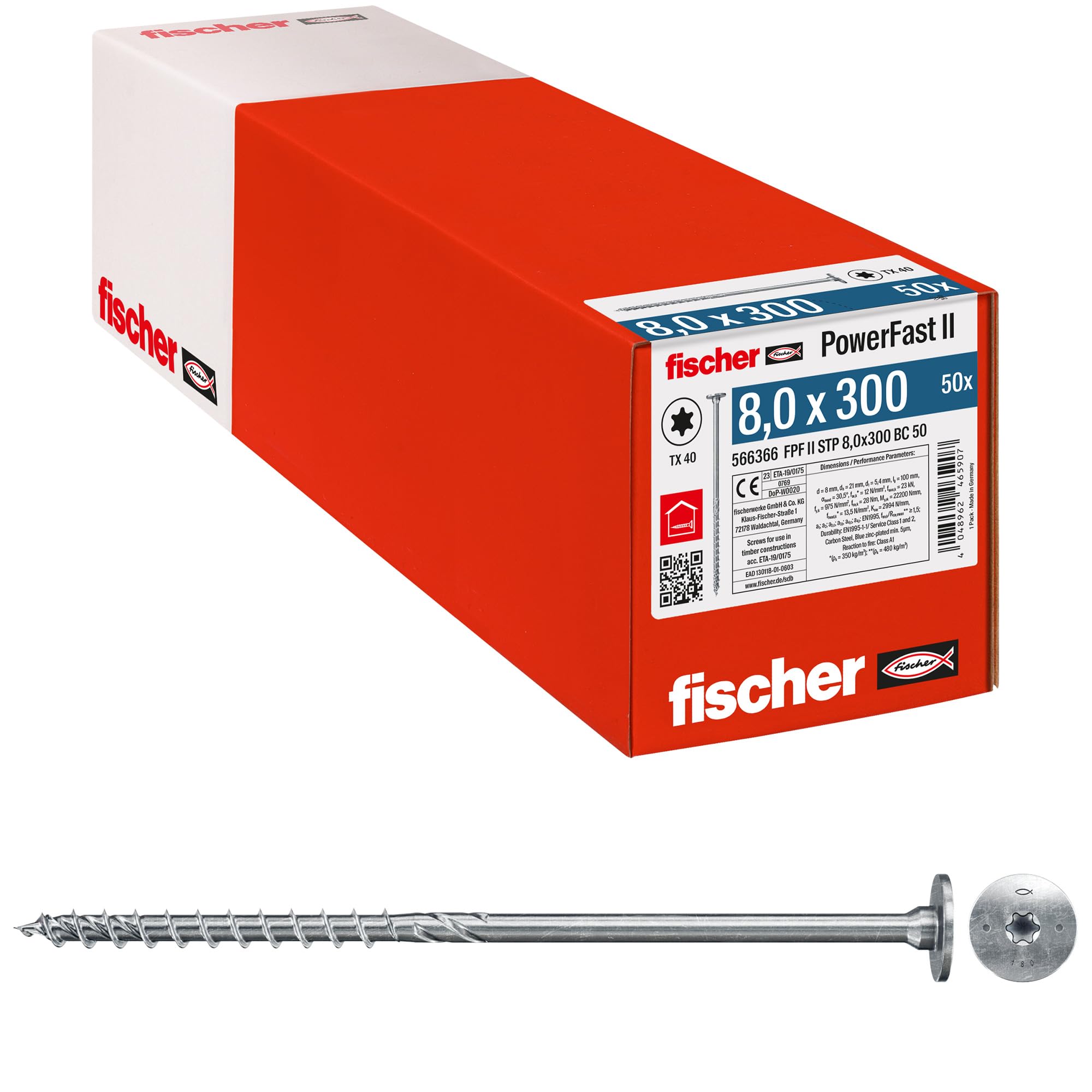 Fischer Viti per Legno e Costruzioni PowerFast FPF II STP 8,0x300, Filettatura Parziale, Testa Svasata Flangiata per Installazione a Scomparsa o a Filo Superficie, Impronta Torx, 50 Pz, 566366