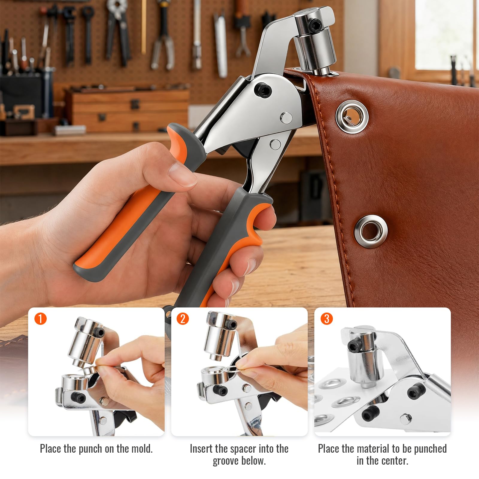 Ösenzange Set, Ösen-Stanzer mit 200 Ösen (Innen-Ø 10mm), Ösenstanze,Handpresse ohne Hammer für Stoff, Leder, Plane, Segeltuch, Robust, Rostfrei Profi Reparatur Set