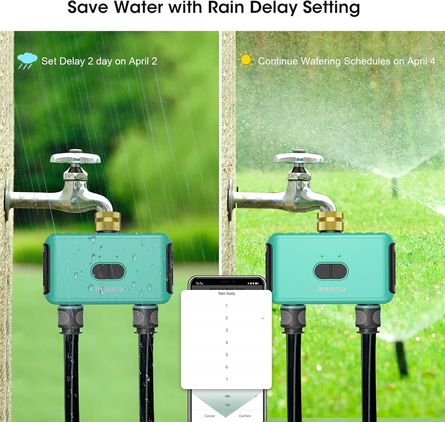 Smart Hose Watering Timer with Wi-Fi Hub, Automate Water & Sprinkler Schedules for Lawn, Garden, & Yard Care, Compatible with Alexa Green-Brass Inlet & Plastics Outlet (2-Outlet)