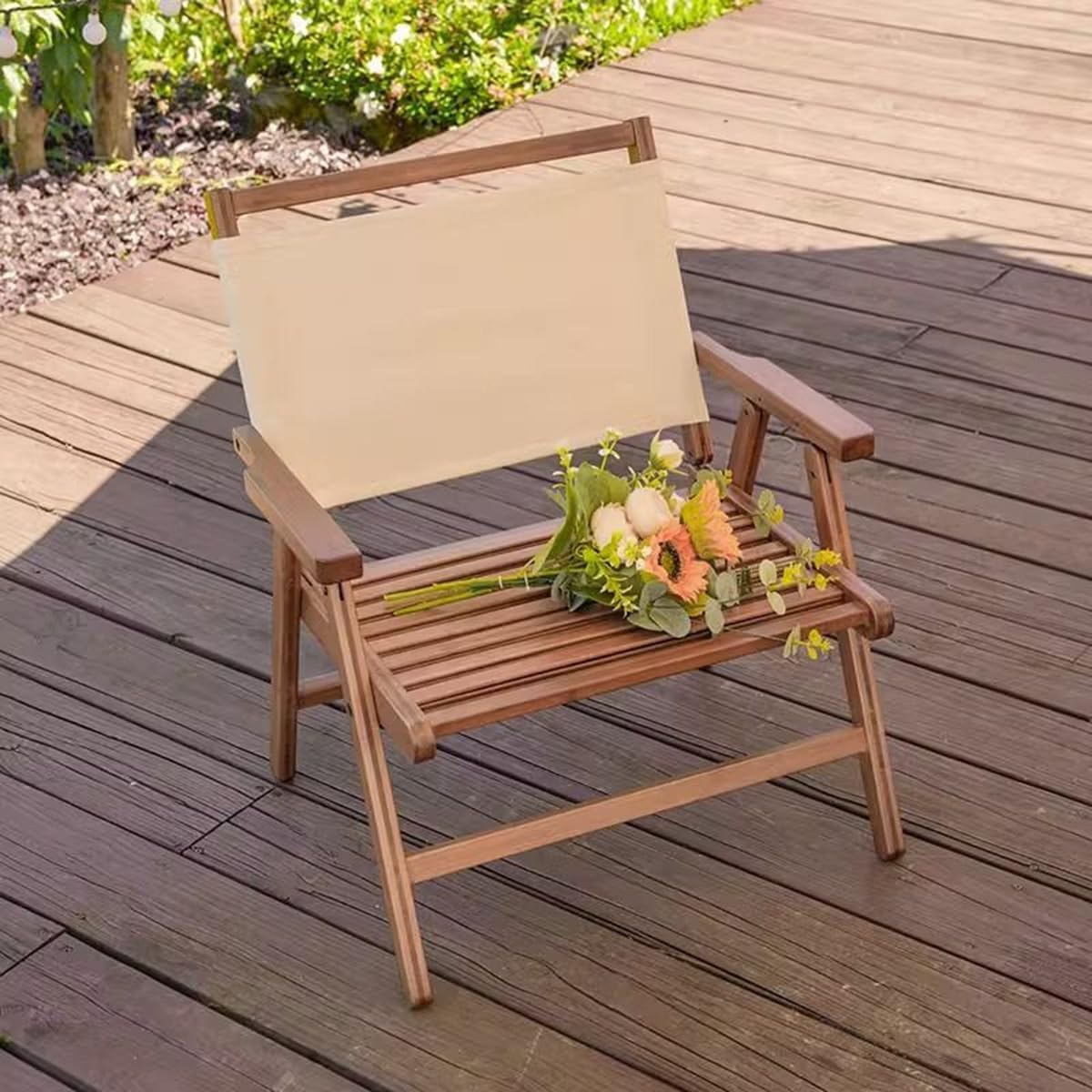 Patio Folding Chairs, Wood Outdoor Chairs with Back, Reclining Chair Camping Beach Chair, Stackable Dining Chair, Foldable Outdoor Sling Chairs for Patio Porch Yard Balcony (Color : /Beige