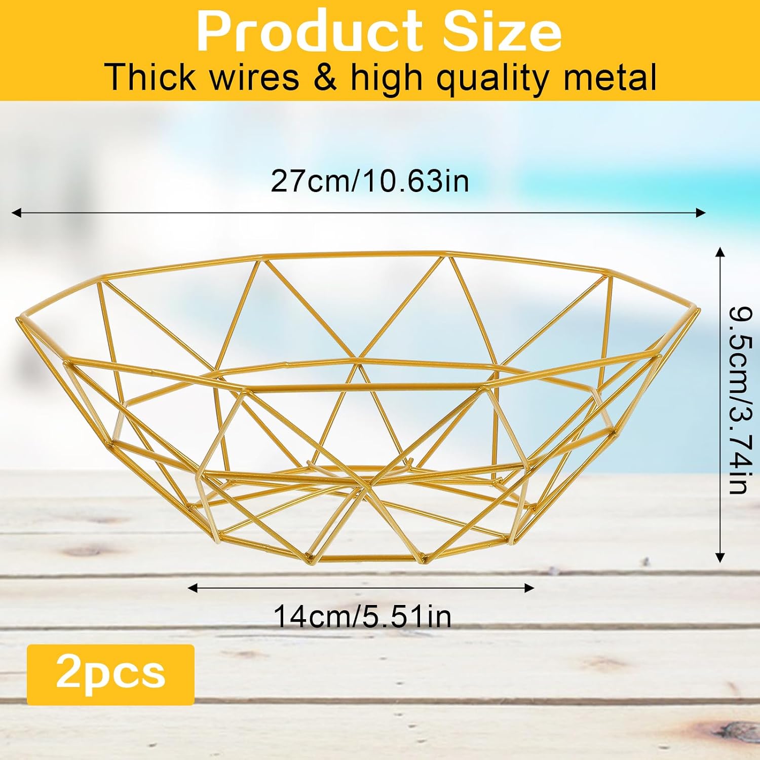 2 Pack Gold Fruit Basket for Kitchen Counter, Elegant Gold Wire Basket with Geometric Shape Design, Metal Fruit Bowl for Countertop, Table Centerpiece, and Home Decor(10.63" x 3.74")