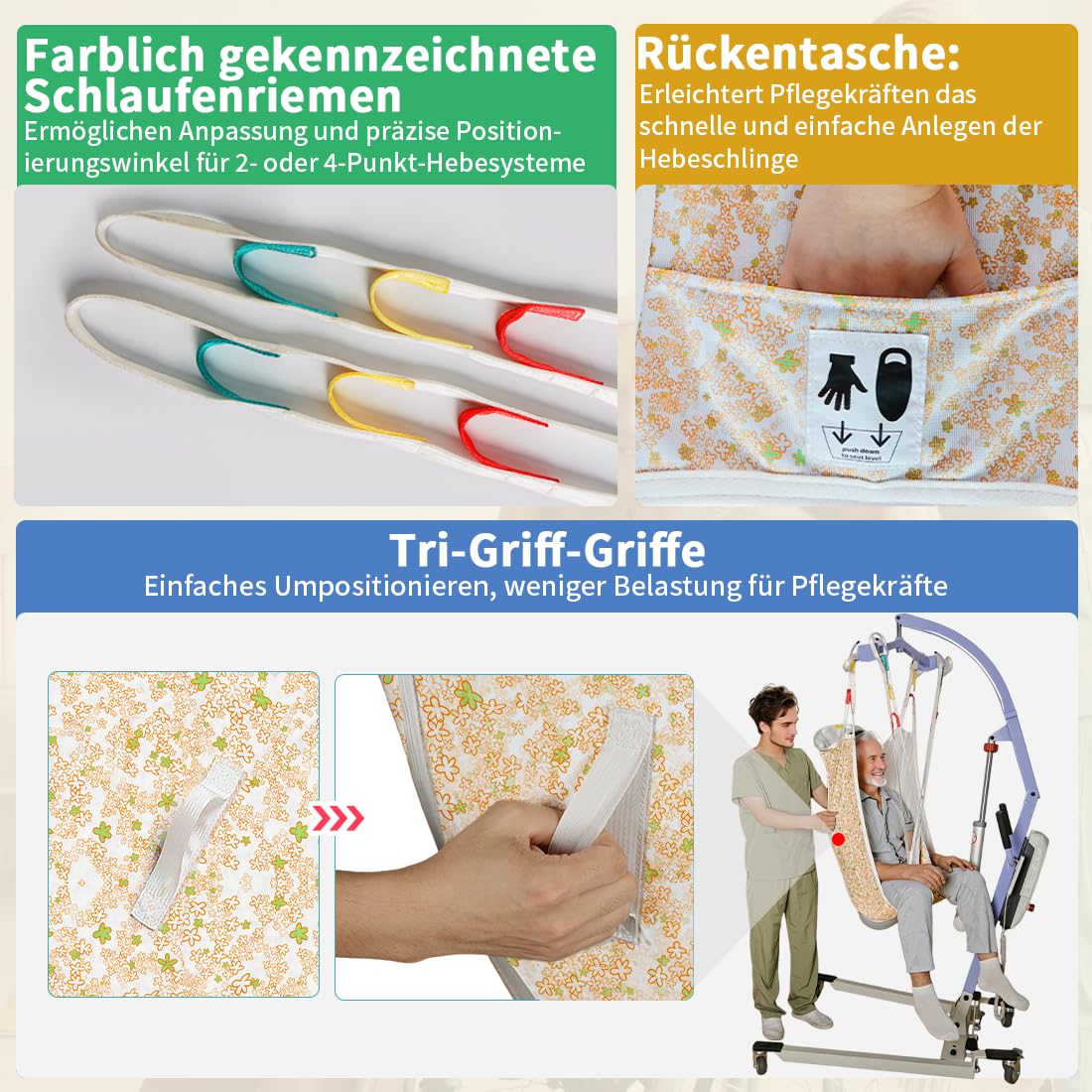Patientenlift-Gurt mit geteilten Beinen und Kopfstütze, gepolsterter U-Hebegurt zum Transfer & Heben in Krankenhaus, Pflegeheim & Zuhause – Tragfähigkeit 500 lbs (Farbe Warm Blossom, Mittel)