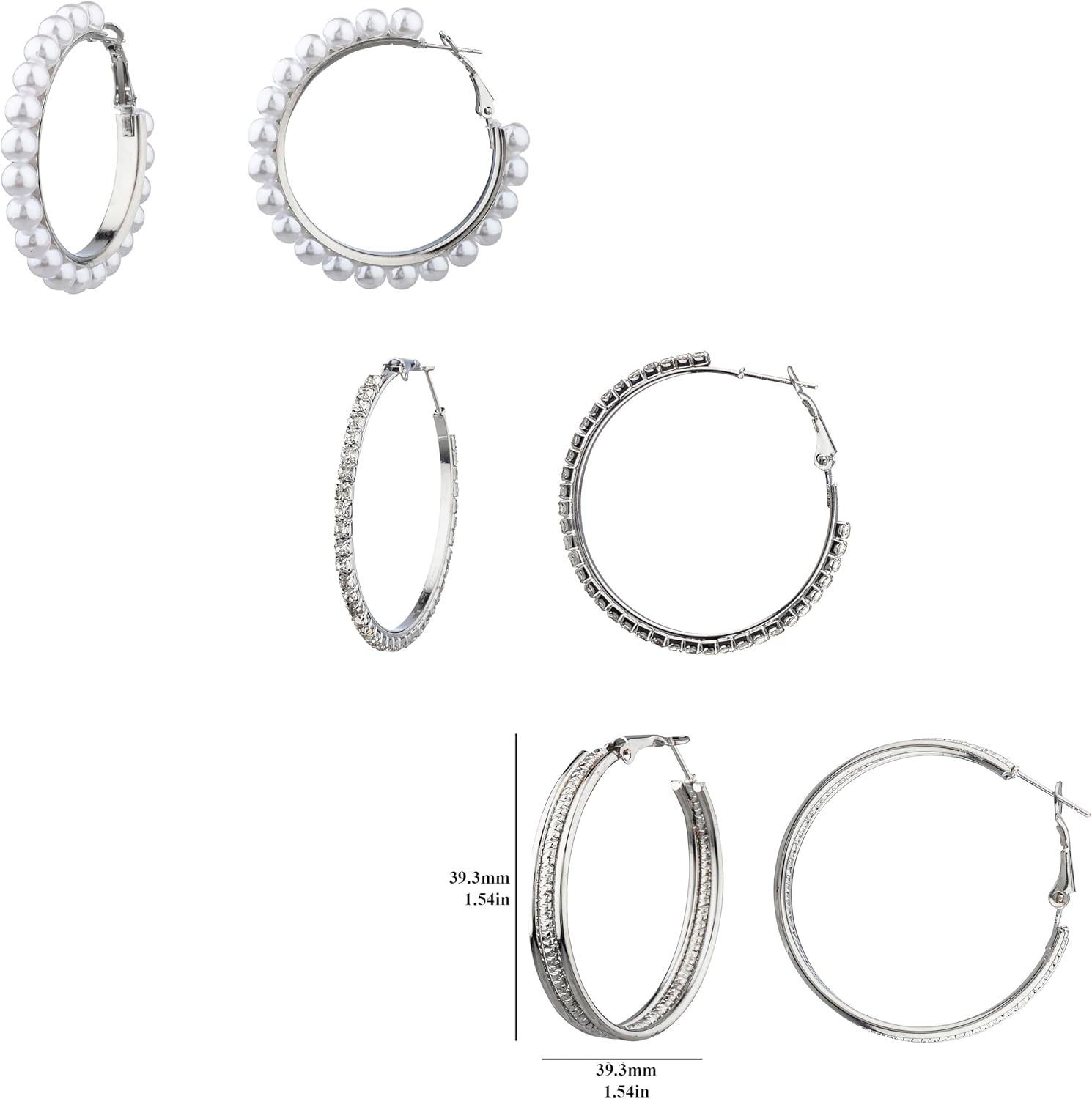 Nicole Miller New York Hoop Earrings Set, Silver Tone with White Beads and Crystal Accents, 3 Pairs