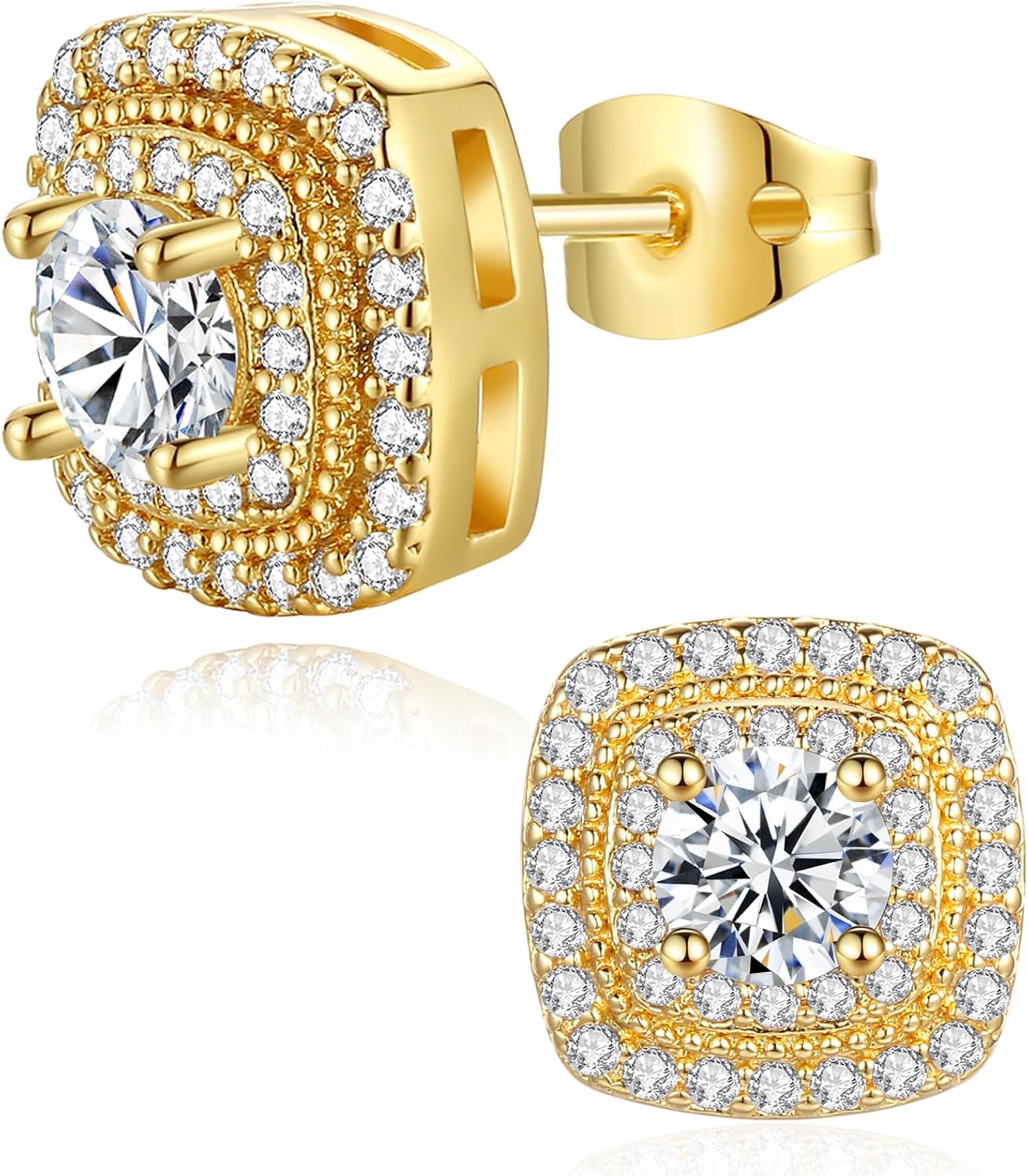 18k Gold Nugget Earrings for Men Cubic Zirconia Square Earrings for Men Women Hypoallergenic Jewelry