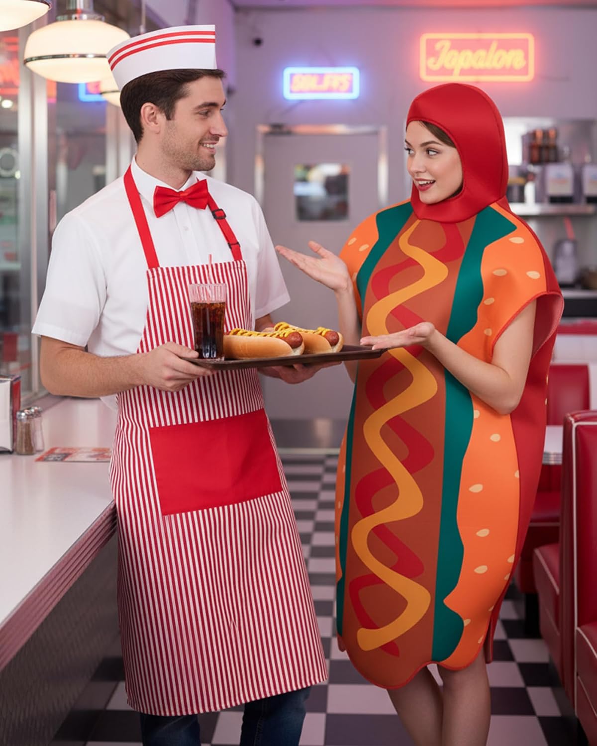 SATINIOR 5 Pcs Halloween Hot Dog Costume Adult Carnival Circus Costume Popcorn Waiter Soda Jerk Couple Outfit Hat Bow Ties Snack Tray for 1950s Movie Night Party Cosplay