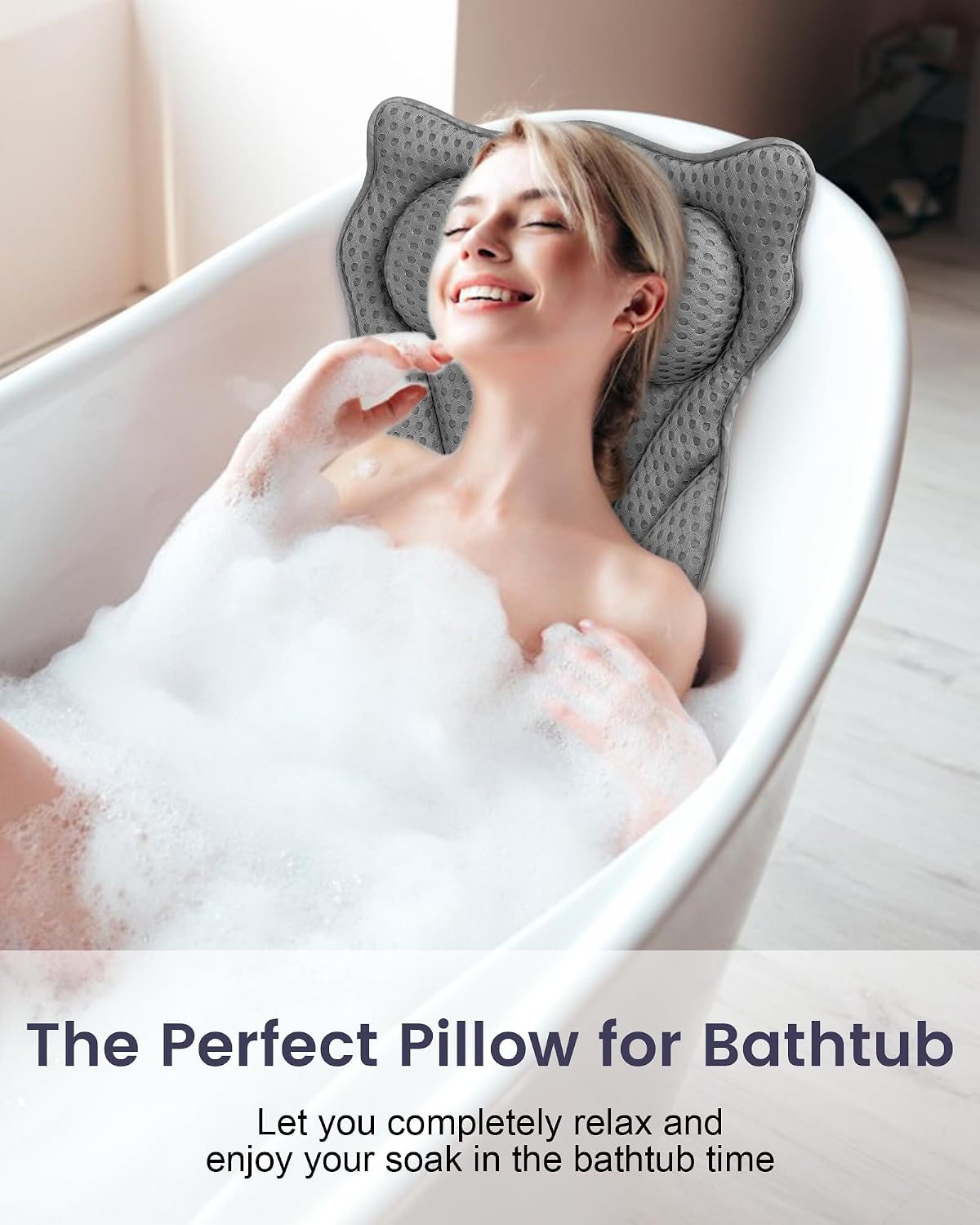 MTDLYICE Bath Pillow, Bath Pillows for Tub Neck and Back Support, Soft 4D Air Mesh Bathtub Pillow 16.5 x 17.3 INCH, with 6 Powerful Suction Cups, Bath Accessories Relaxing Gifts for Women (Grey)