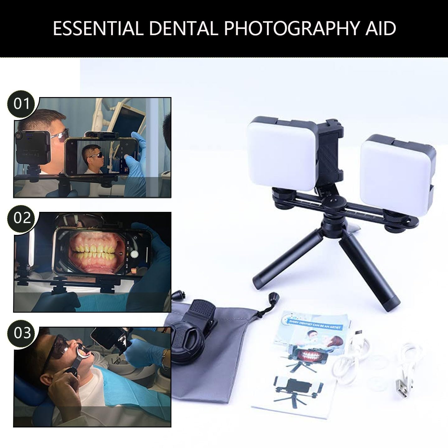 Kit de fotografía dental con luz LED para cámara de teléfono móvil, luz de relleno, flash dental brillante para odontología, clínica doméstica, hospital y estudio.(MKT-017)