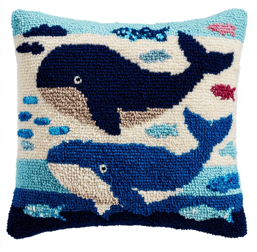 Kitquiver Latch Hook Kits for Adults Whales Rug Cover Pillowcase Beginner DIY Needlework Embroidery Kits Handmade Set Craft Sofa Home Decor 43X43Cm