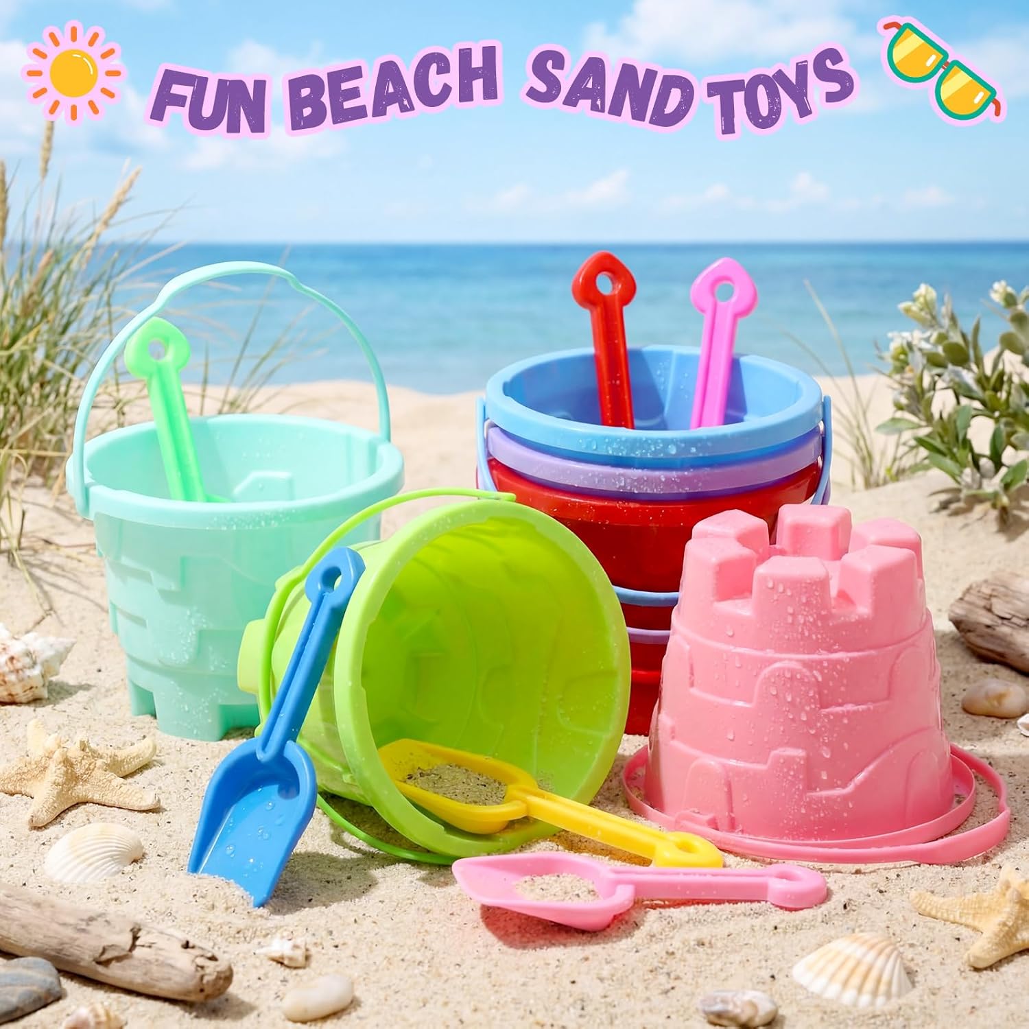 6 Set Beach Sand Buckets and Shovels, Include Sand Pail Bucket 6 Colors with Castle Design Inside and Shovels for Boys Girls Summer Party (7.5 x 5.9 Inch)