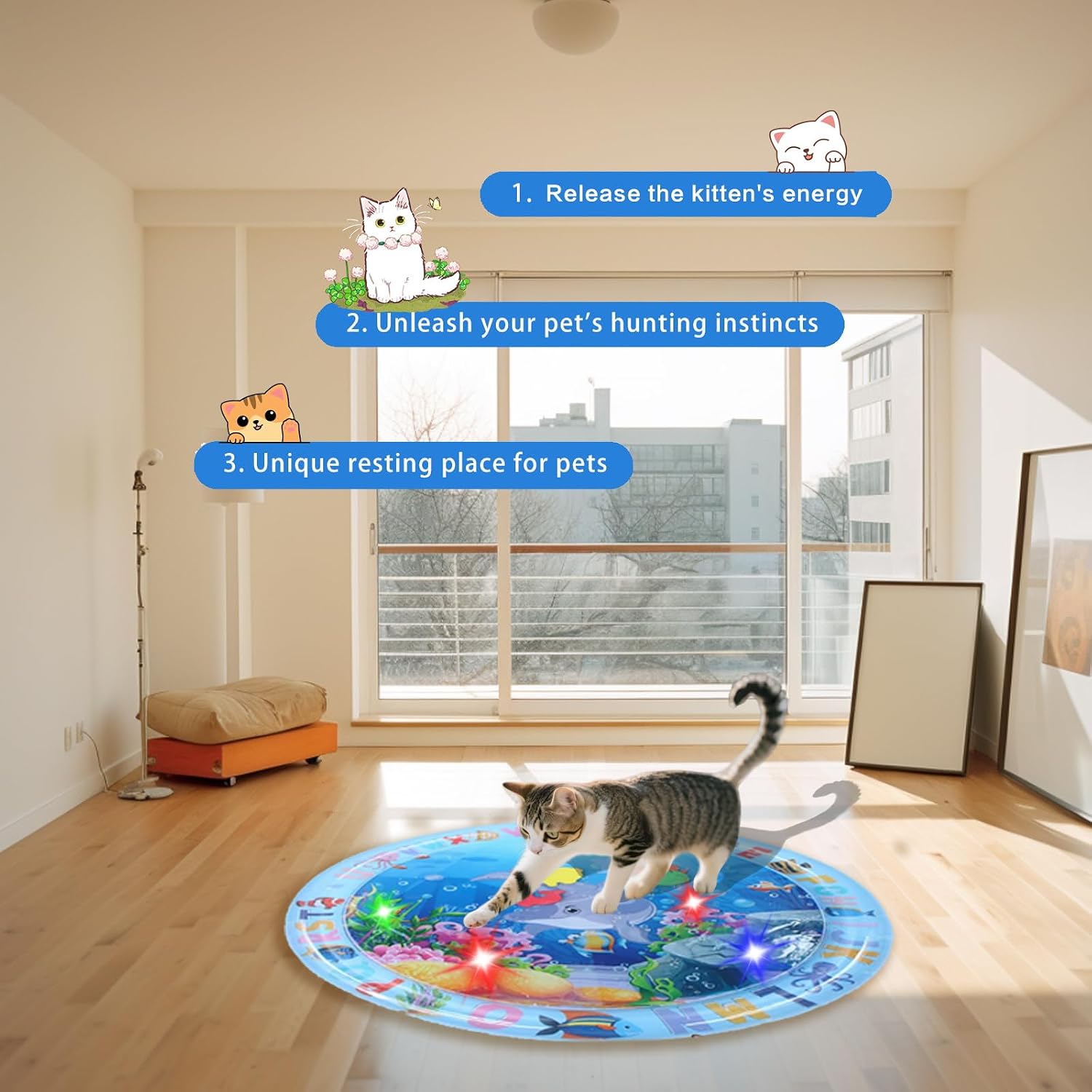 Cat Water Mat with LED Light, Multi-Color Lighted Cat Play Mat, Interactive Cat Toy, Anti-Scratch Design Pet Water Mat